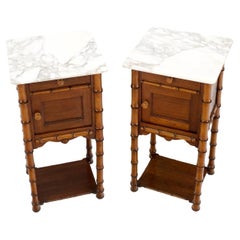 Pair of Antique Faux Bamboo Marble Top Two Tier One Door Drawer Nightstands