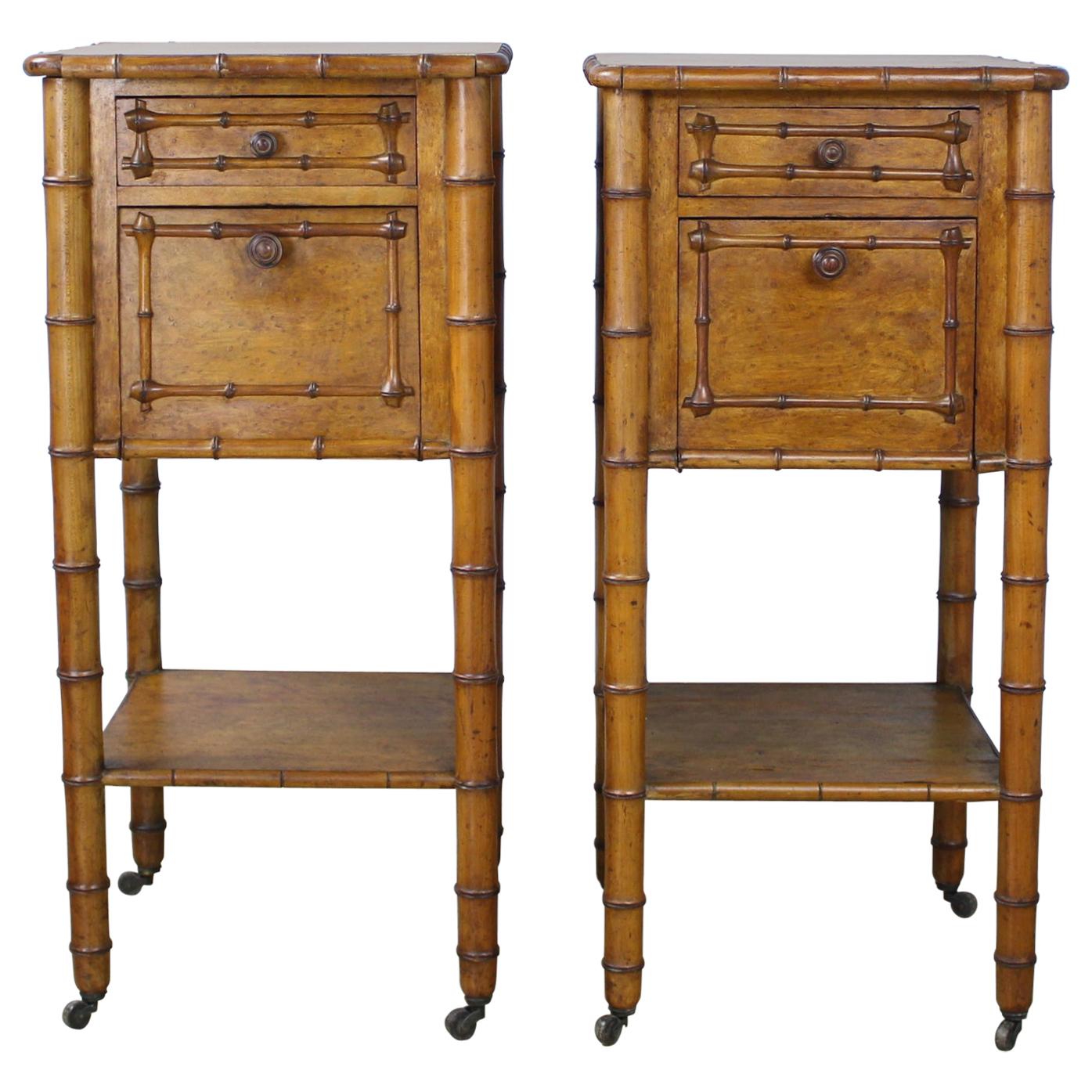 Pair of Antique Faux Bamboo Nightstands or Side Tables