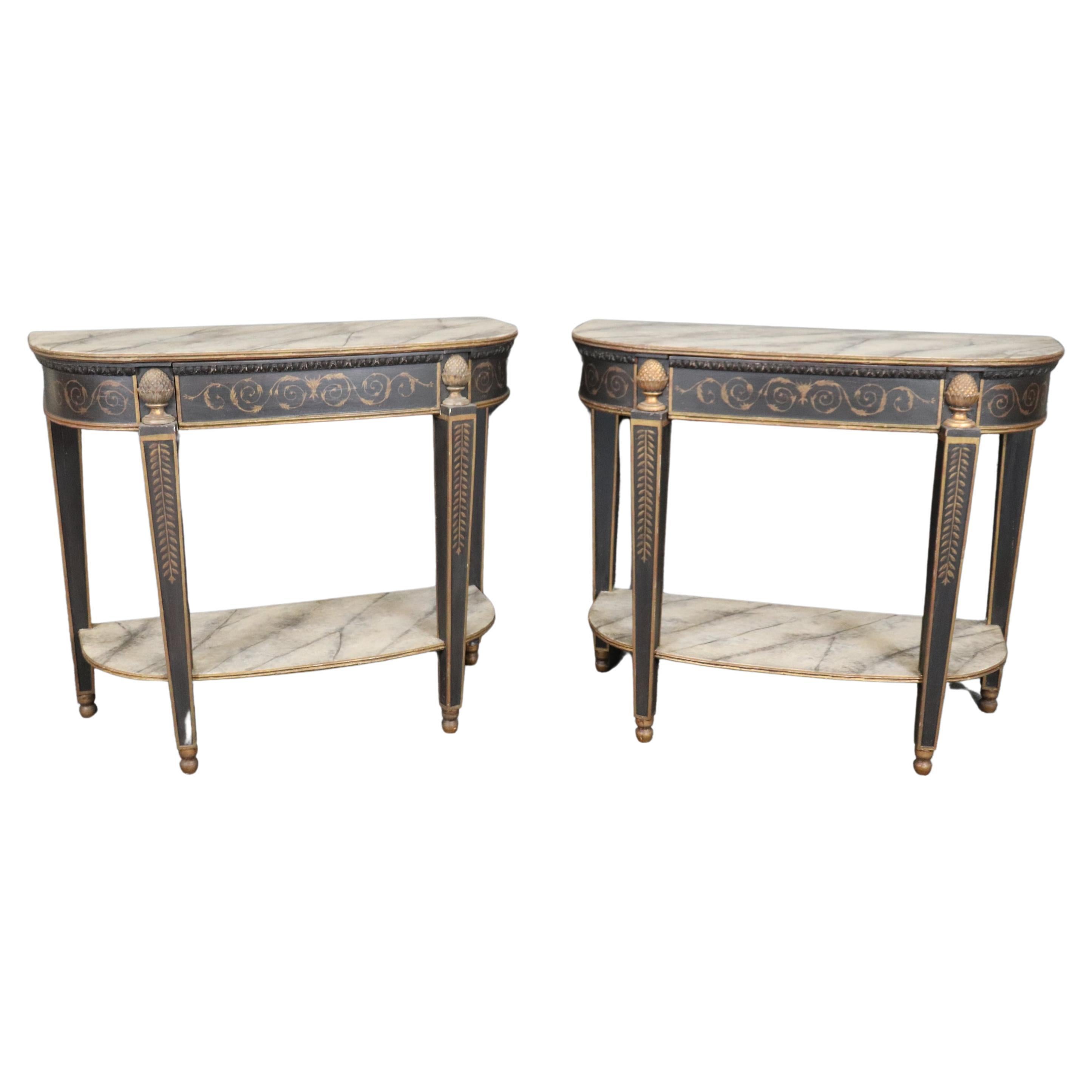 Pair of Antique Faux Marble Paint Decorated French Directoire Console Tables For Sale