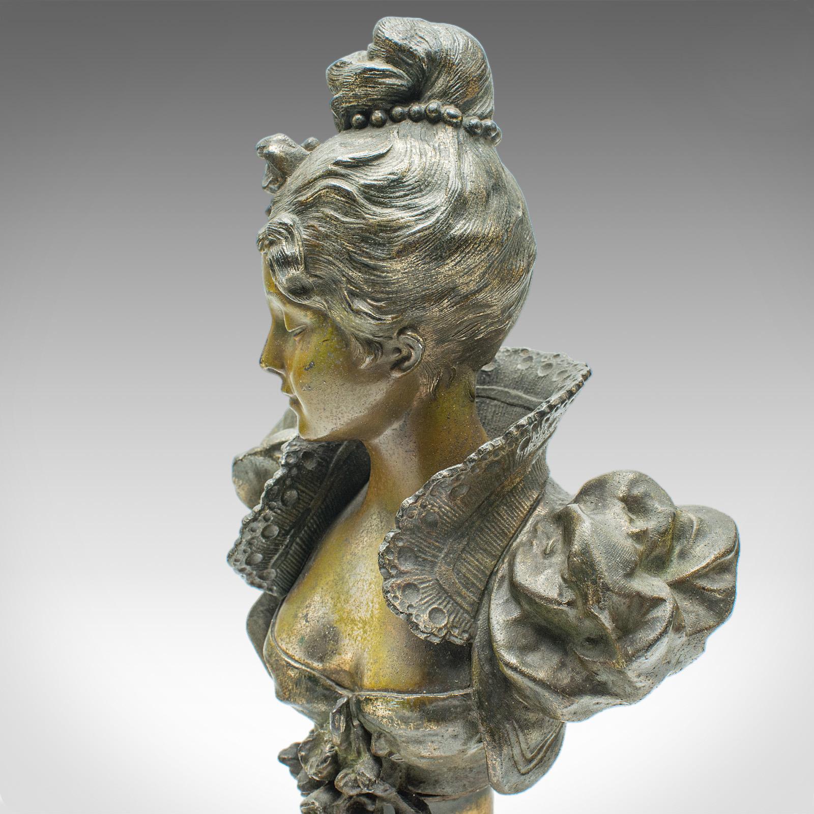 Coppia di fermalibri figurativi antichi, busti francesi in spelta, Art Nouveau, Vittoriano in vendita 4