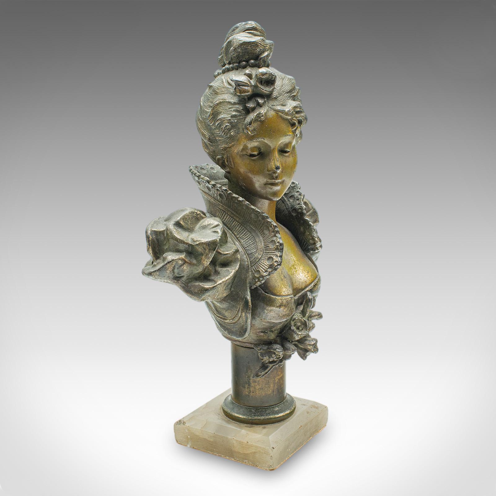 XX secolo Coppia di fermalibri figurativi antichi, busti francesi in spelta, Art Nouveau, Vittoriano in vendita