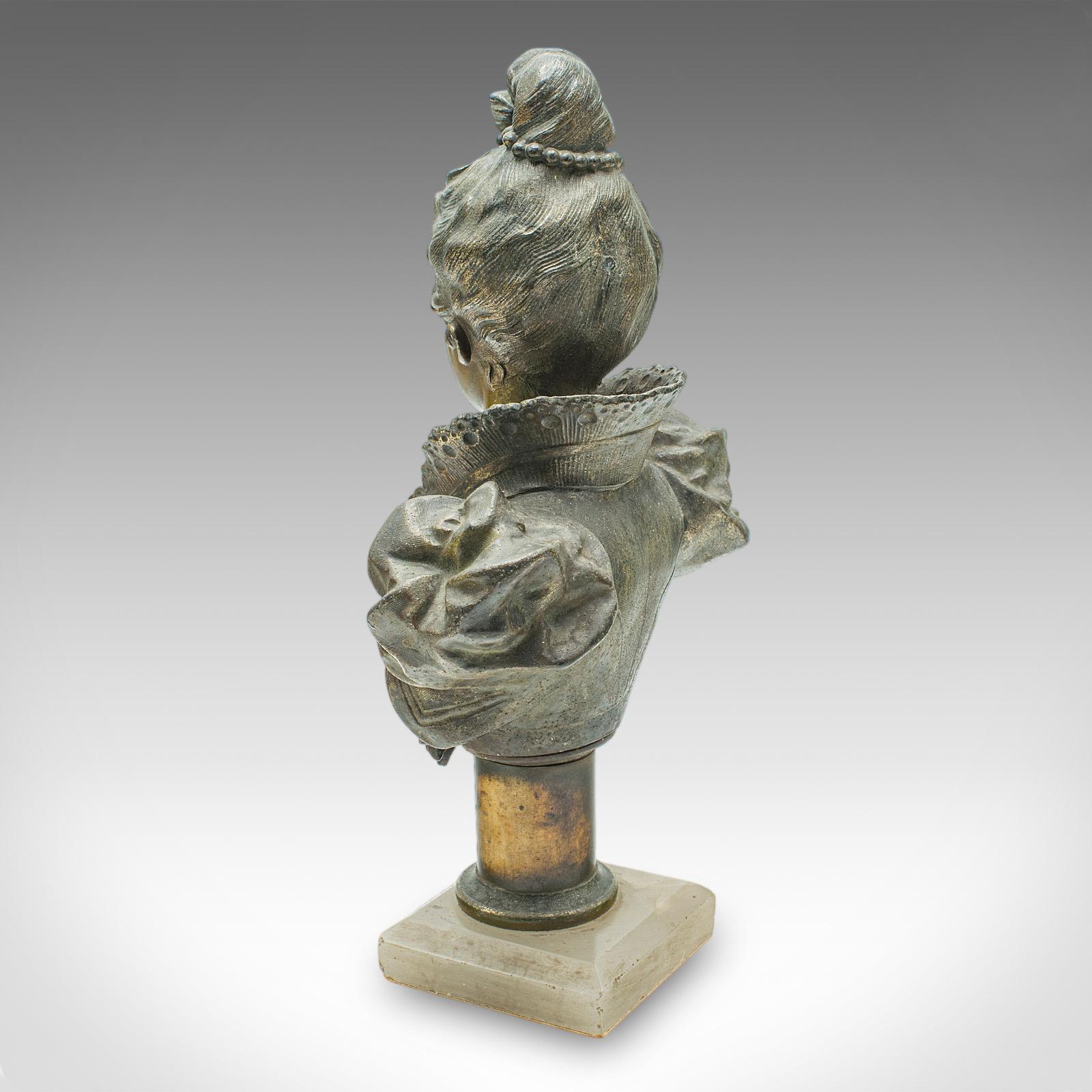 Onice Coppia di fermalibri figurativi antichi, busti francesi in spelta, Art Nouveau, Vittoriano in vendita