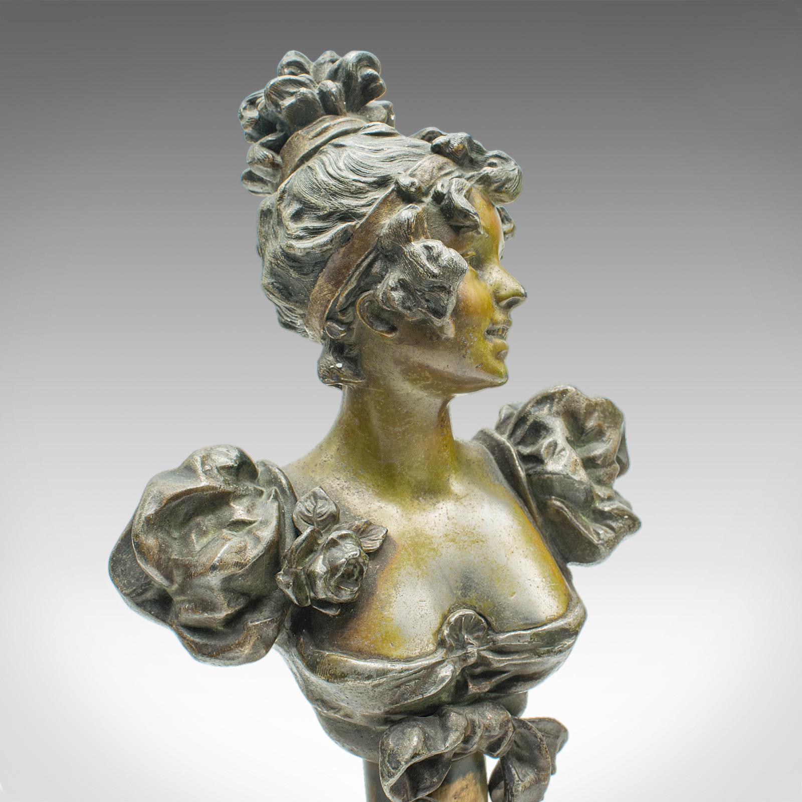 Coppia di fermalibri figurativi antichi, busti francesi in spelta, Art Nouveau, Vittoriano in vendita 2