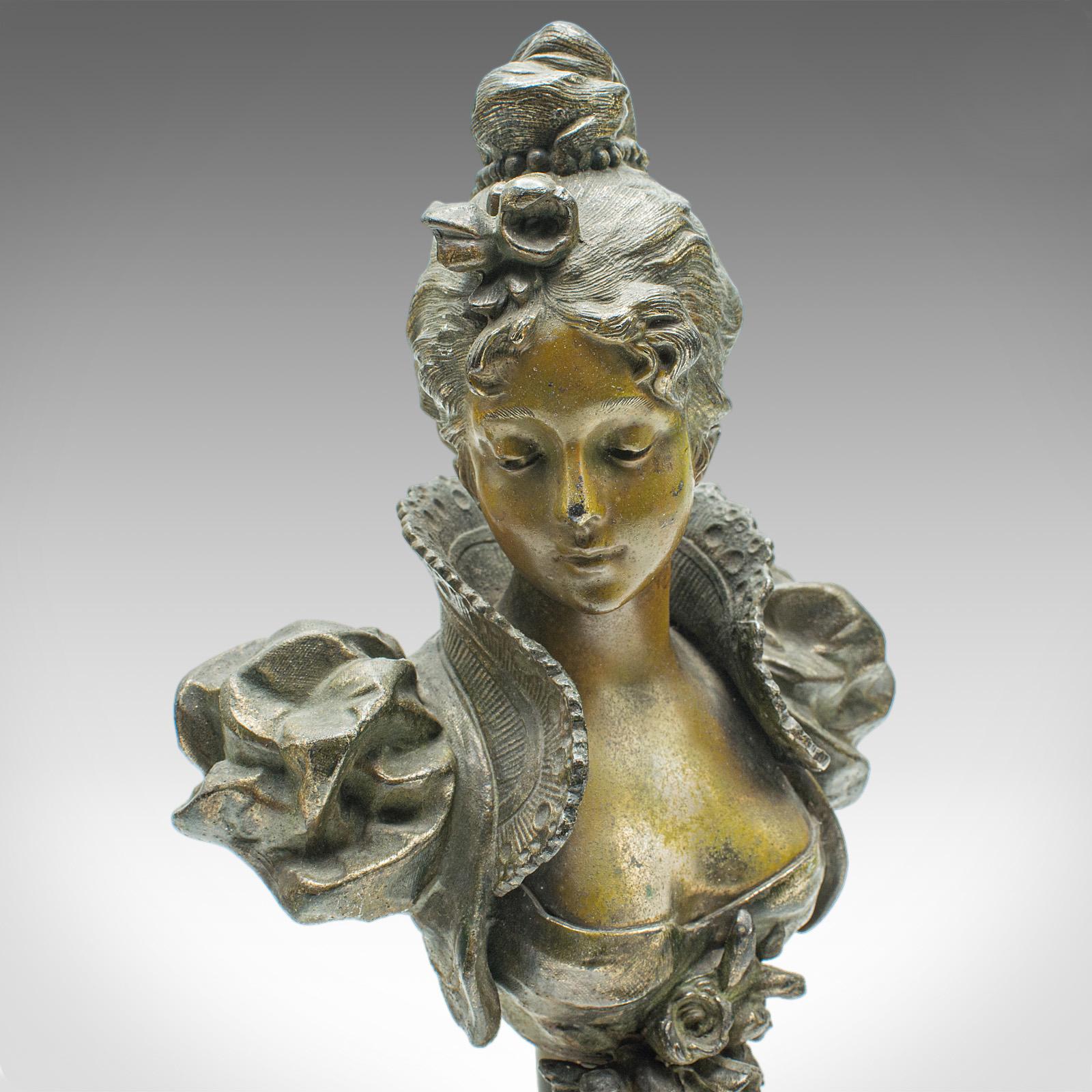 Coppia di fermalibri figurativi antichi, busti francesi in spelta, Art Nouveau, Vittoriano in vendita 3