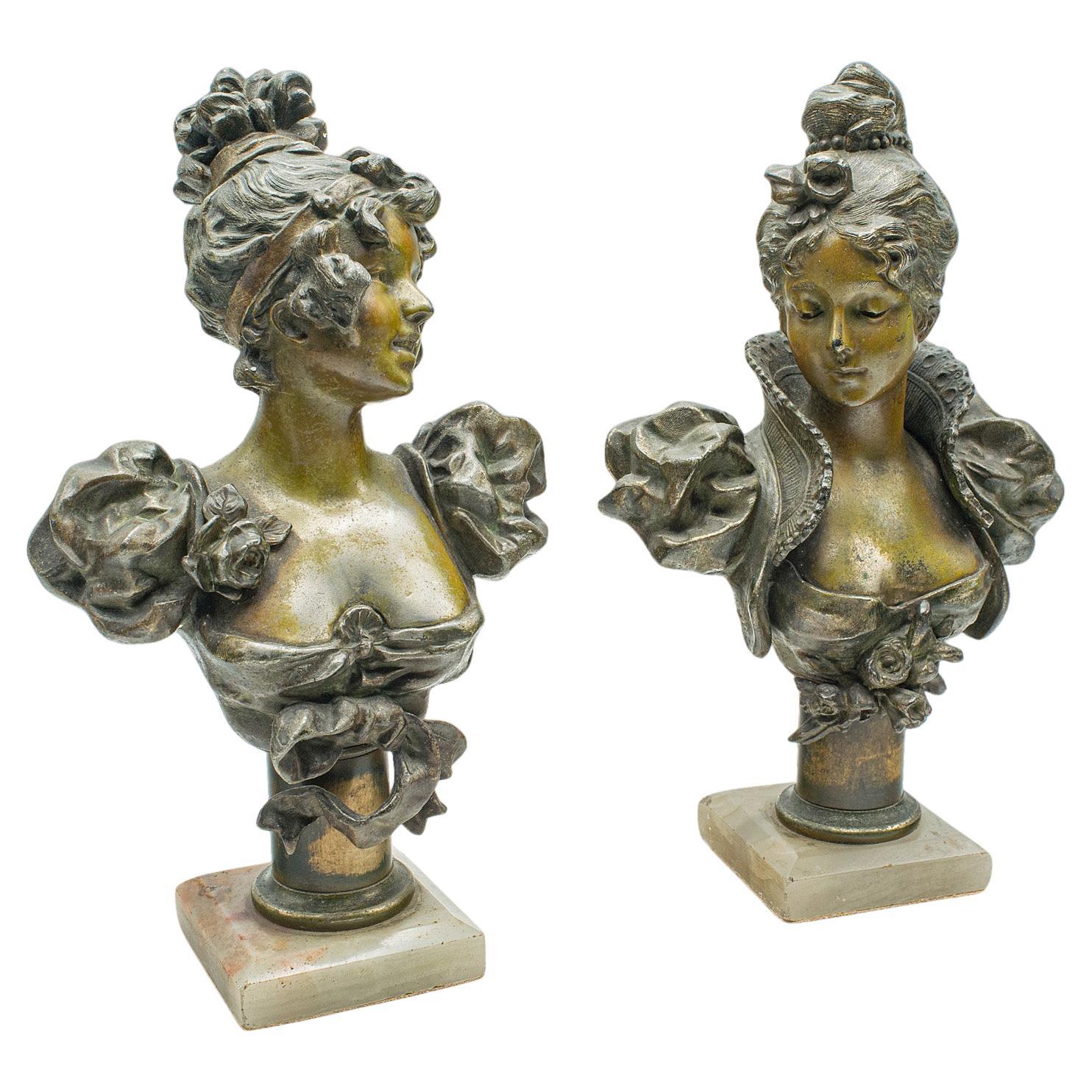 Pair of Antique Figural Bookends, French Spelter Busts, Art Nouveau, Victorian