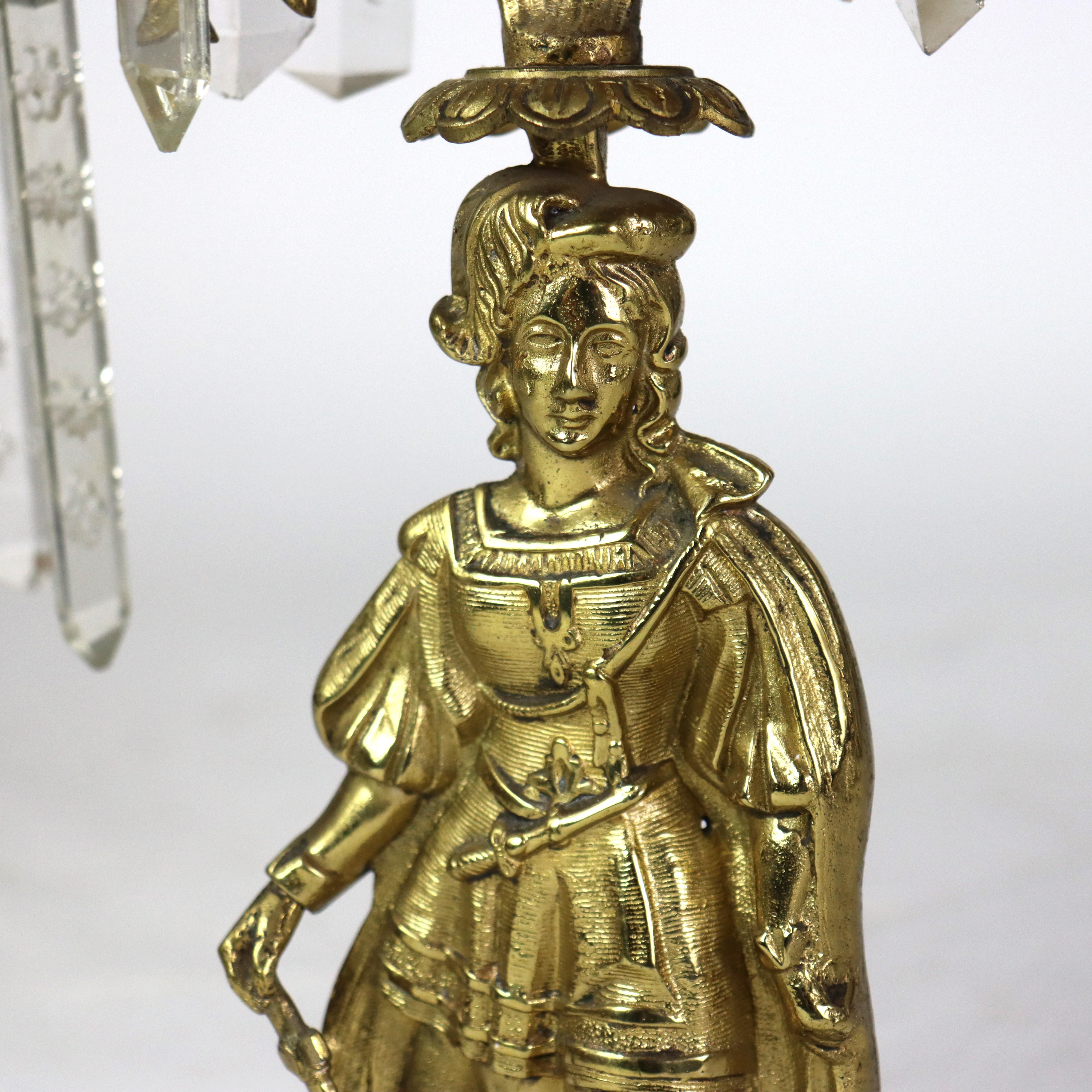 Coppia di antiche Girandole Figurali in ottone, cristallo e marmo C1920.   
Misure: 16,5
