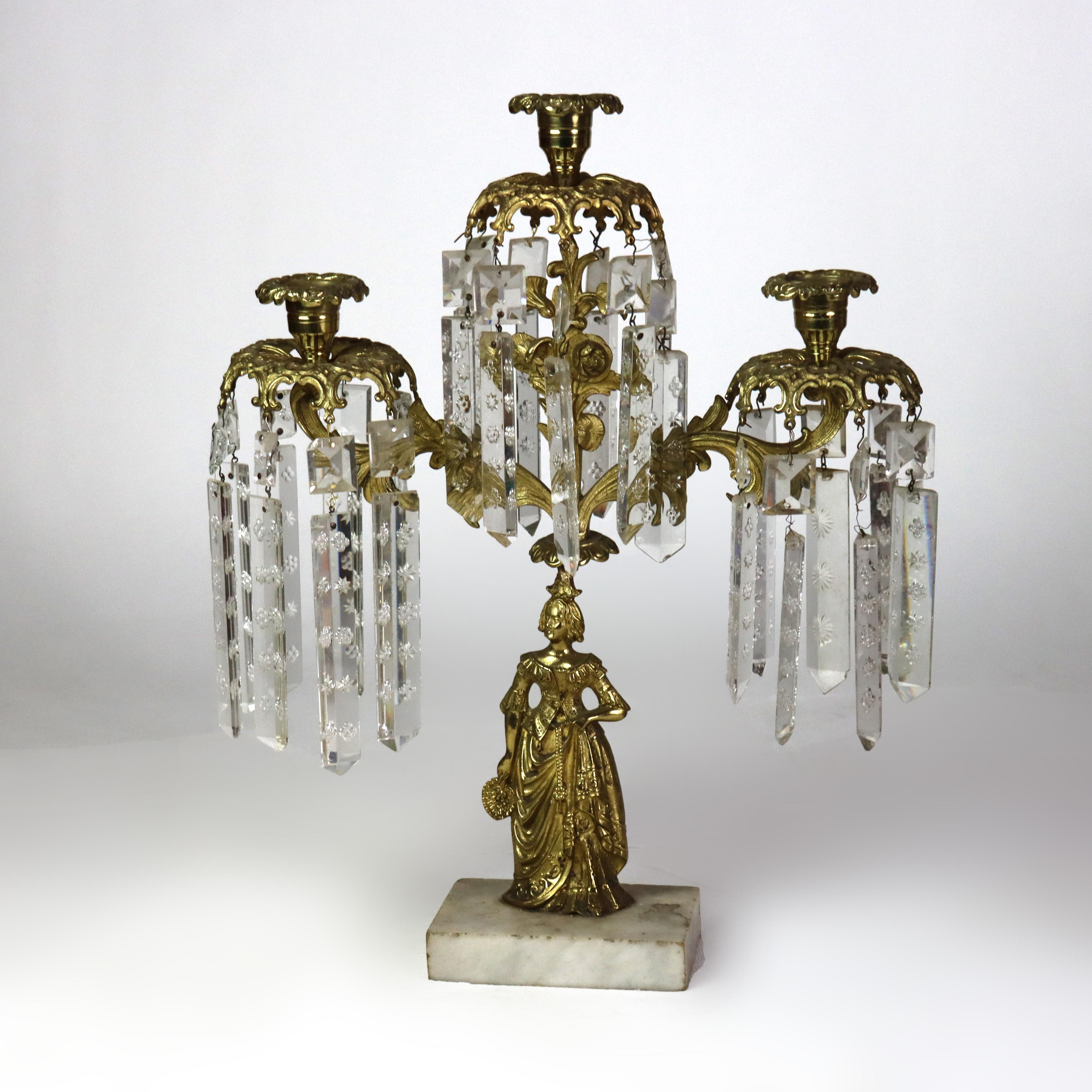 Coppia di Girandole antiche figurate in ottone, cristallo e marmo C1920 In condizioni buone in vendita a Big Flats, NY