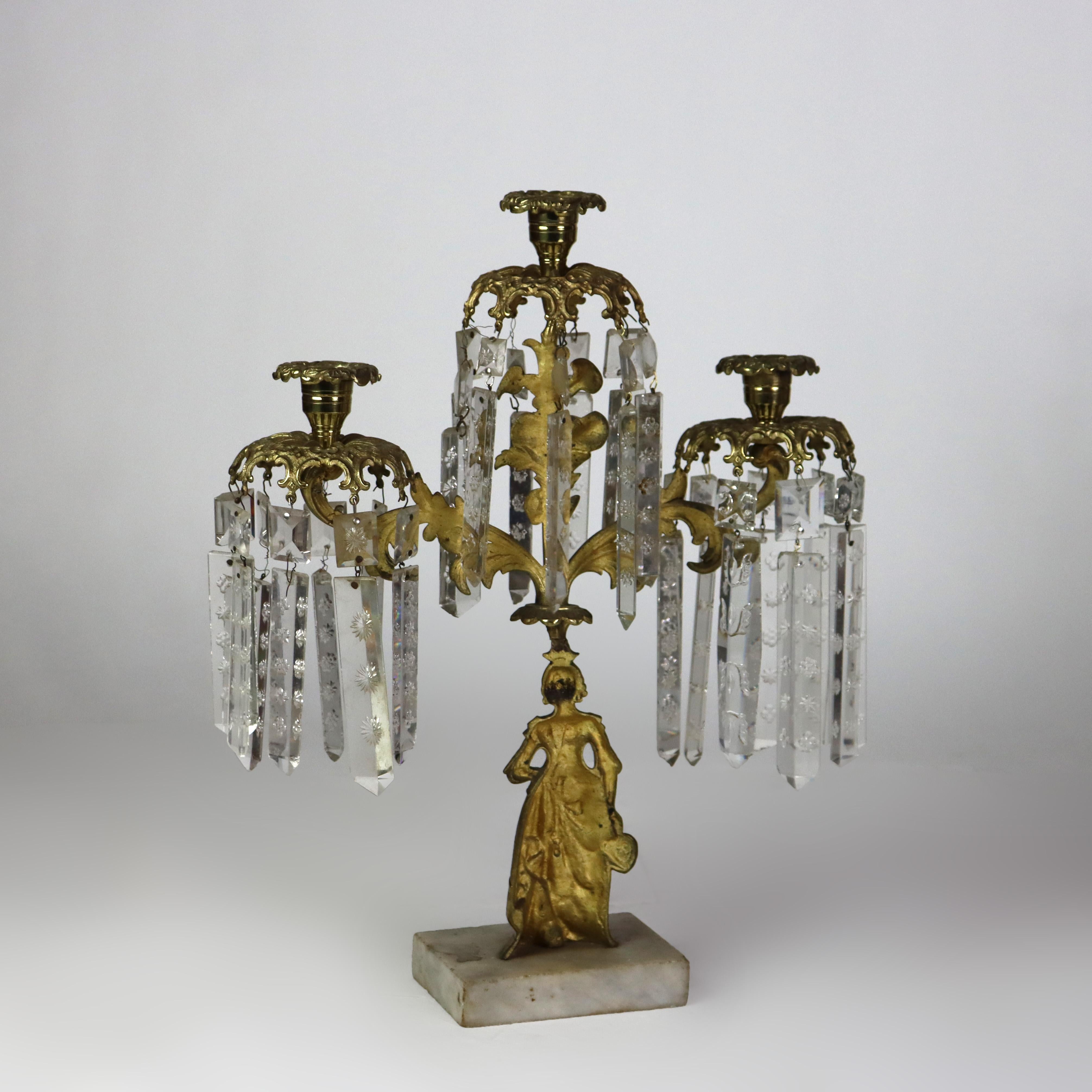 XX secolo Coppia di Girandole antiche figurate in ottone, cristallo e marmo C1920 in vendita