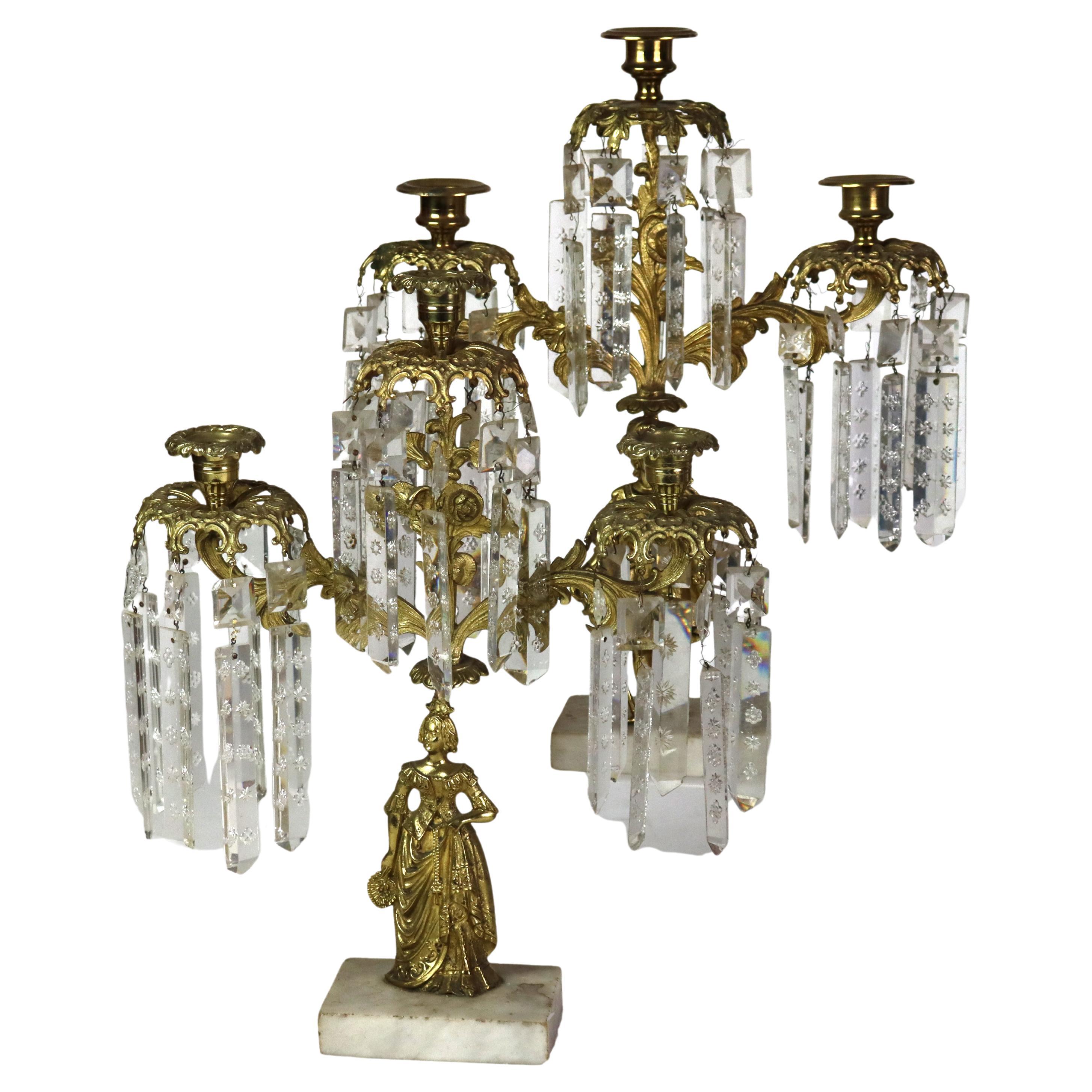 Pair of Antique Figural Brass, Crystal & Marble Girandoles C1920