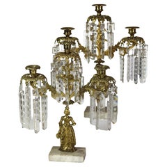 Pair of Antique Figural Brass, Crystal & Marble Girandoles C1920