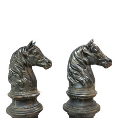 Pair Of Antique Figural Cast Iron Horse Head Hitching Posts c1900