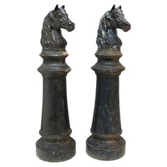 Pair Of Antique Figural Cast Iron Horse Head Hitching Posts c1900