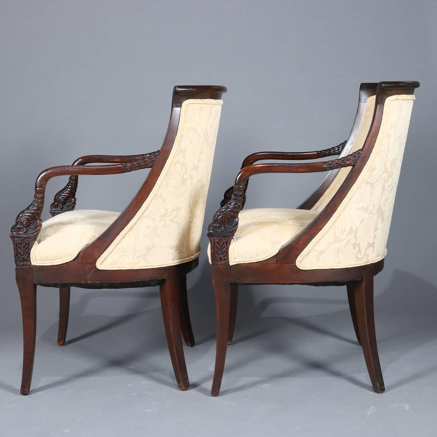 European Pair of Antique Figural Continental Carved Mahogany Dolphin Armchairs