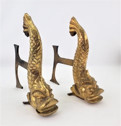 Pair of Antique Figural Gilt Bronze Stylized Dolphin or Fish Andirons