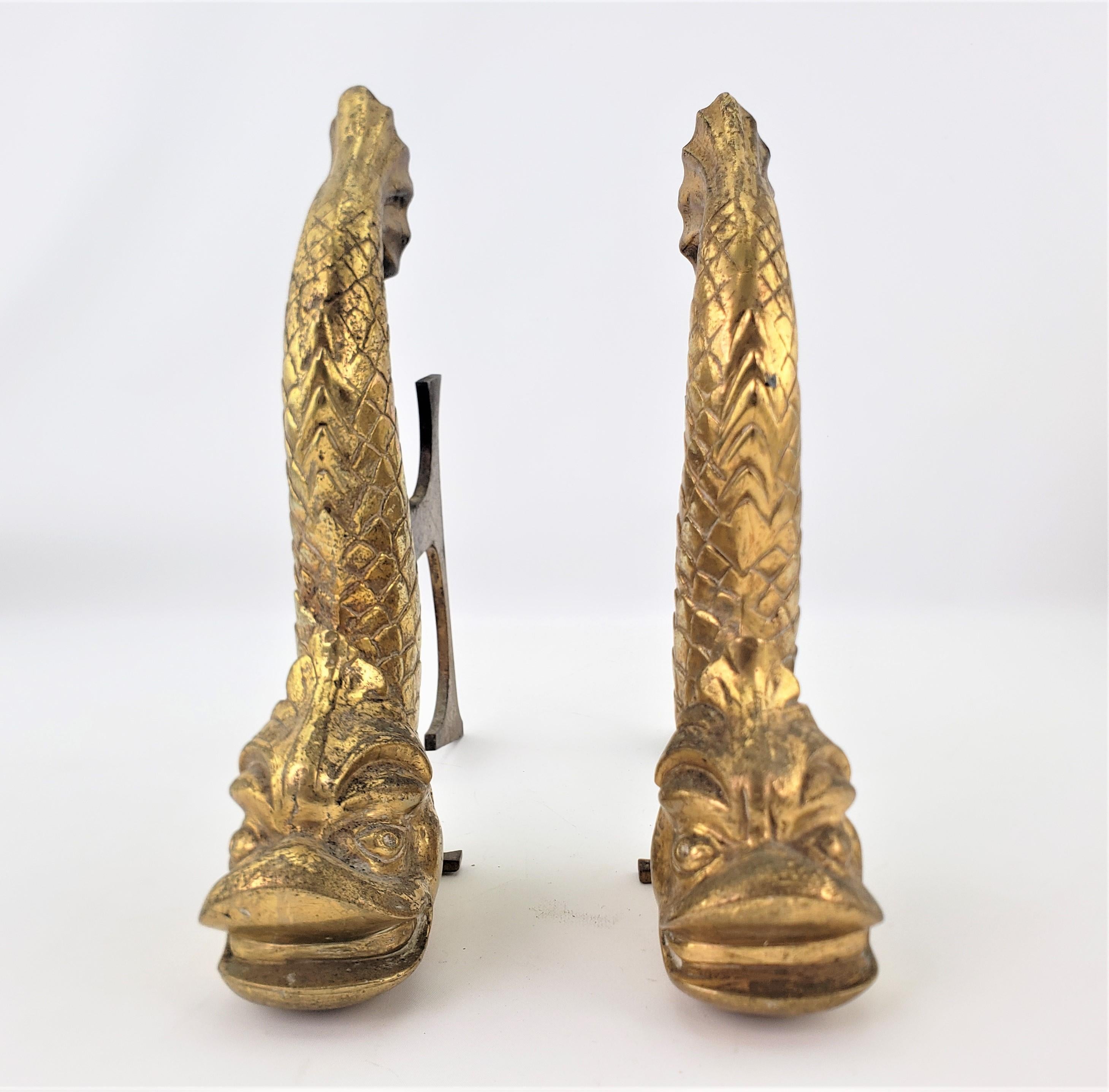 High Victorian Pair of Antique Figural Gilt Bronze Stylized Dolphin or Fish Andirons For Sale