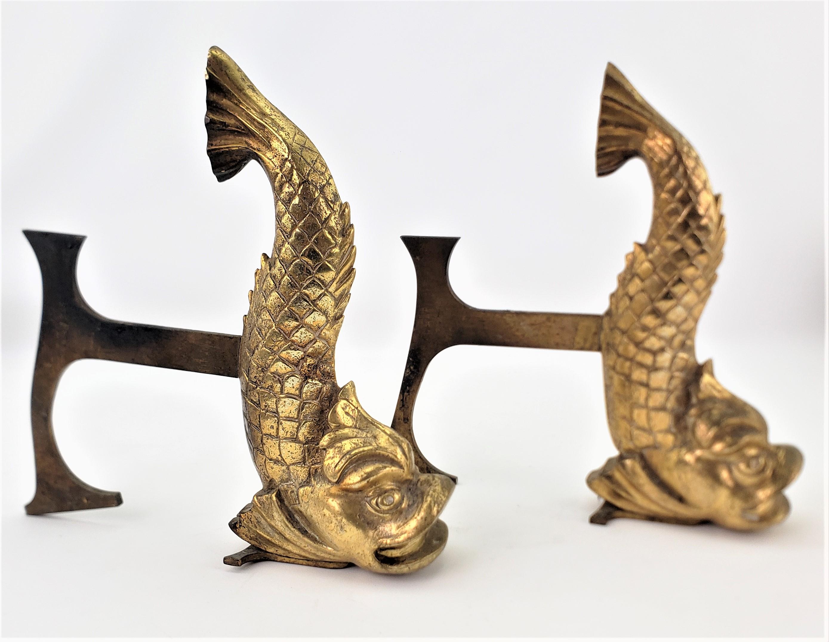 French Pair of Antique Figural Gilt Bronze Stylized Dolphin or Fish Andirons For Sale