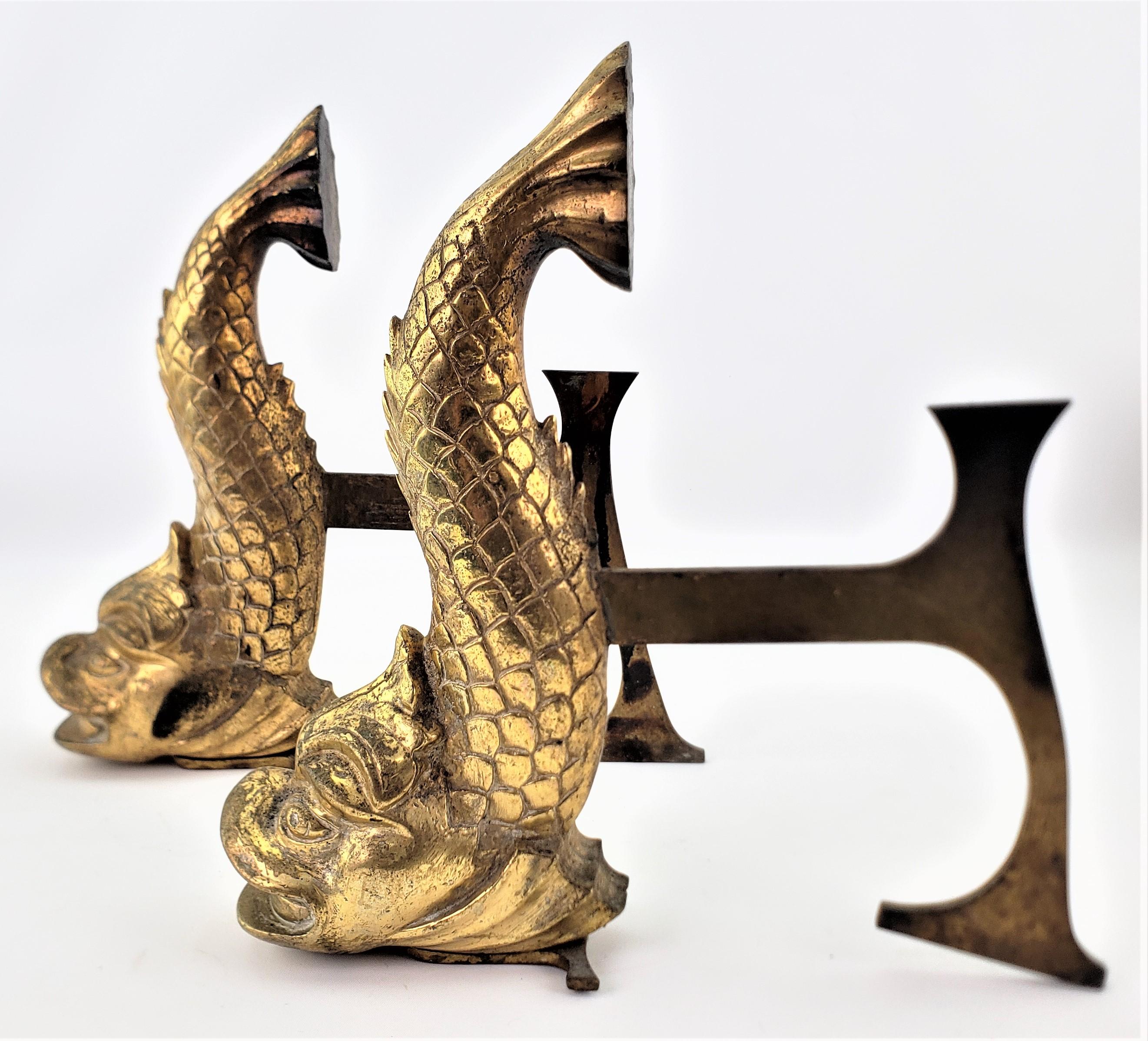Cast Pair of Antique Figural Gilt Bronze Stylized Dolphin or Fish Andirons For Sale
