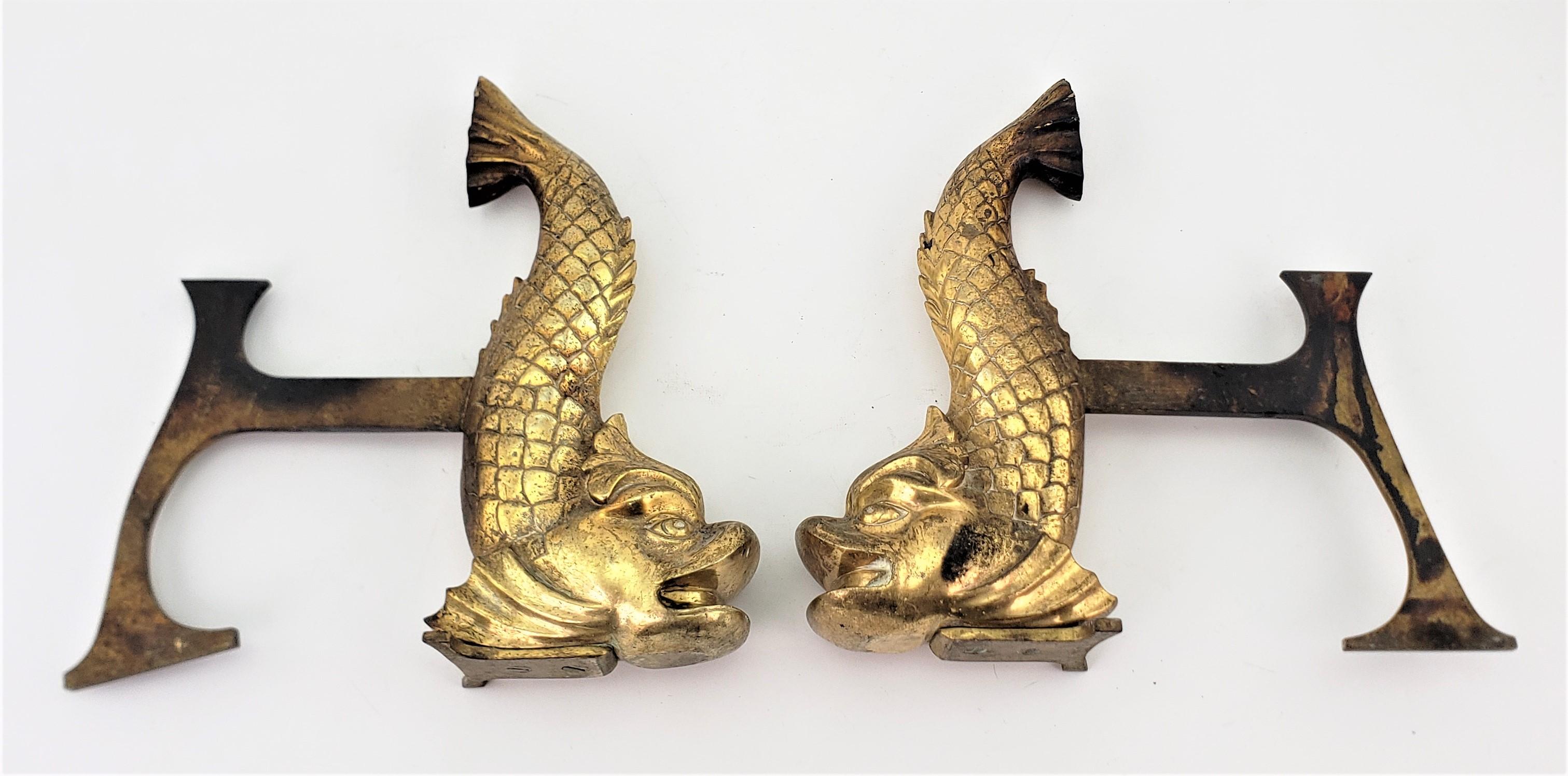 Pair of Antique Figural Gilt Bronze Stylized Dolphin or Fish Andirons For Sale 1