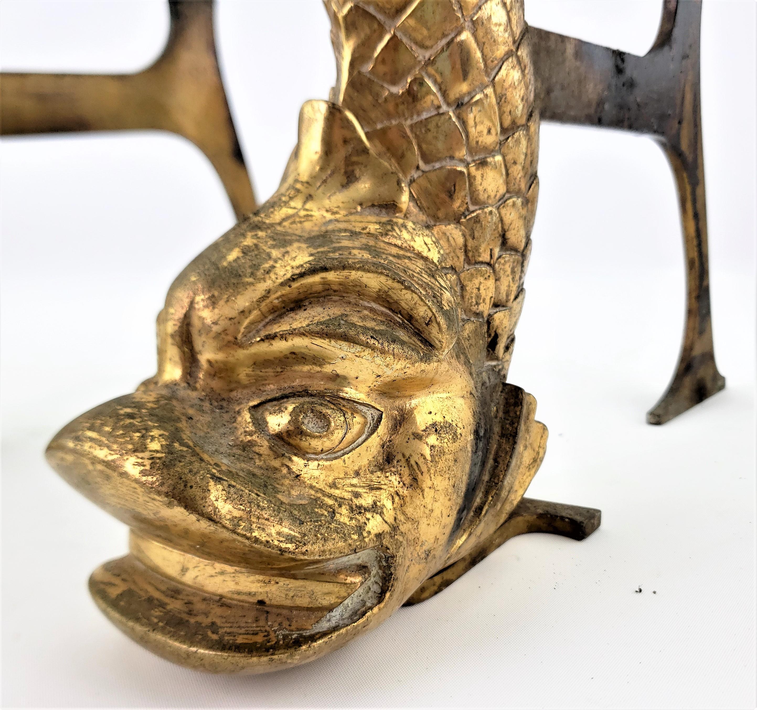 Pair of Antique Figural Gilt Bronze Stylized Dolphin or Fish Andirons For Sale 2