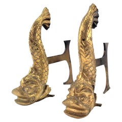 Pair of Antique Figural Gilt Bronze Stylized Dolphin or Fish Andirons