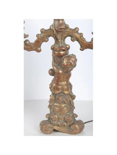Pair of Antique Figural Nude Putti Gilt Wood Candelabra Table Lamp