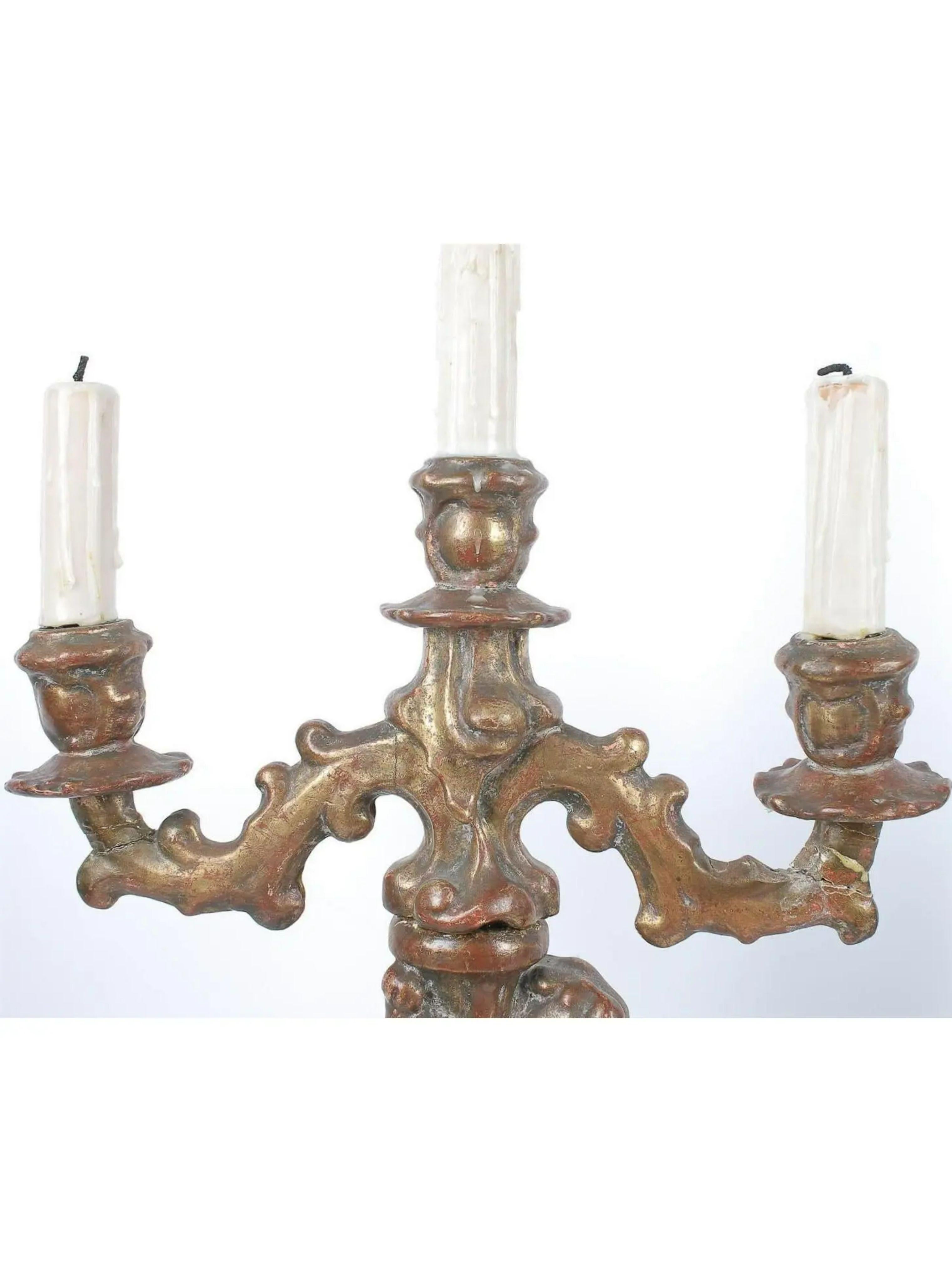 Beaux Arts Pair of Antique Figural Nude Putti Gilt Wood Candelabra Table Lamp For Sale