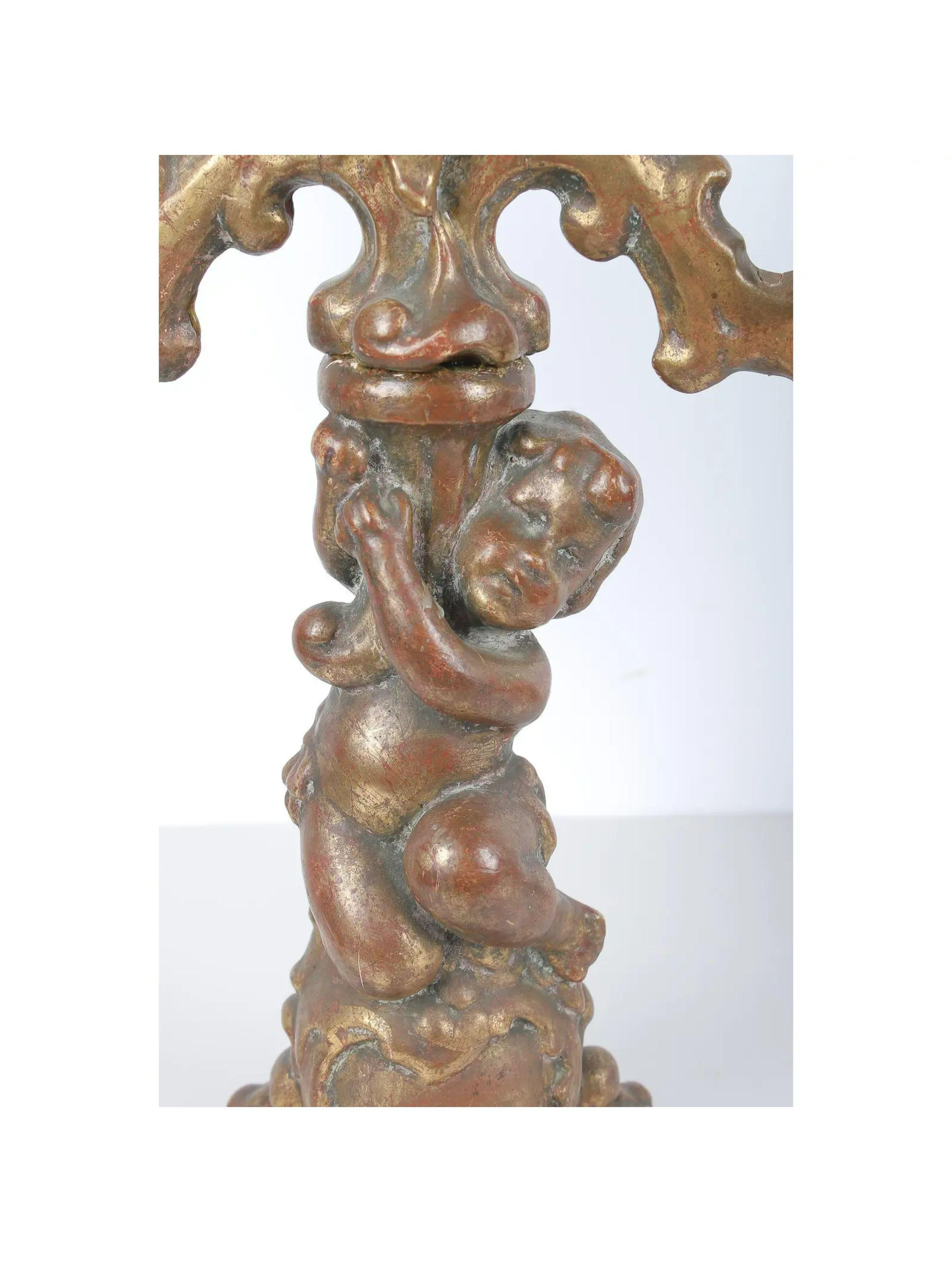 Pair of Antique Figural Nude Putti Gilt Wood Candelabra Table Lamp In Good Condition For Sale In LOS ANGELES, CA