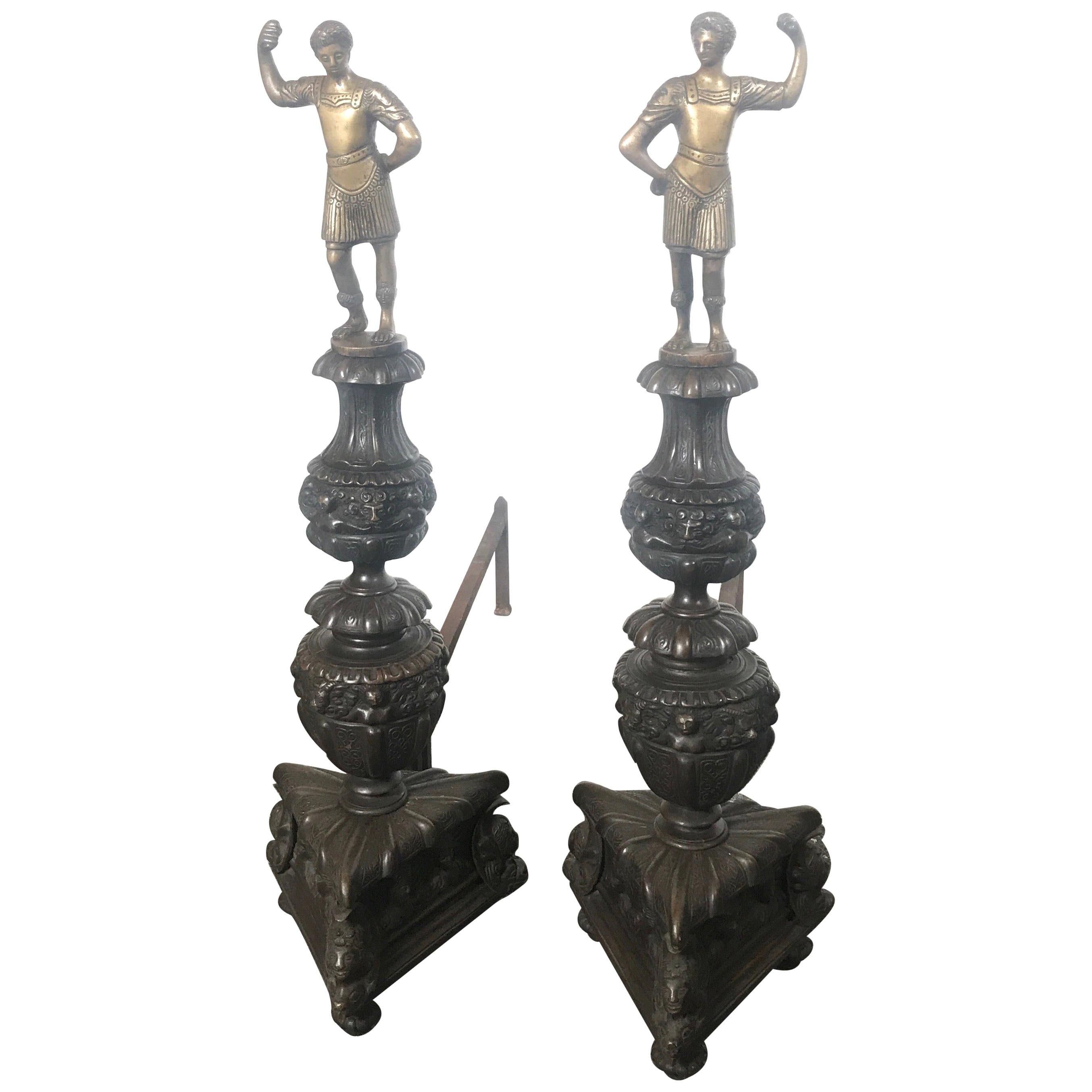 Pair of Antique Figurative Bronze Andirons