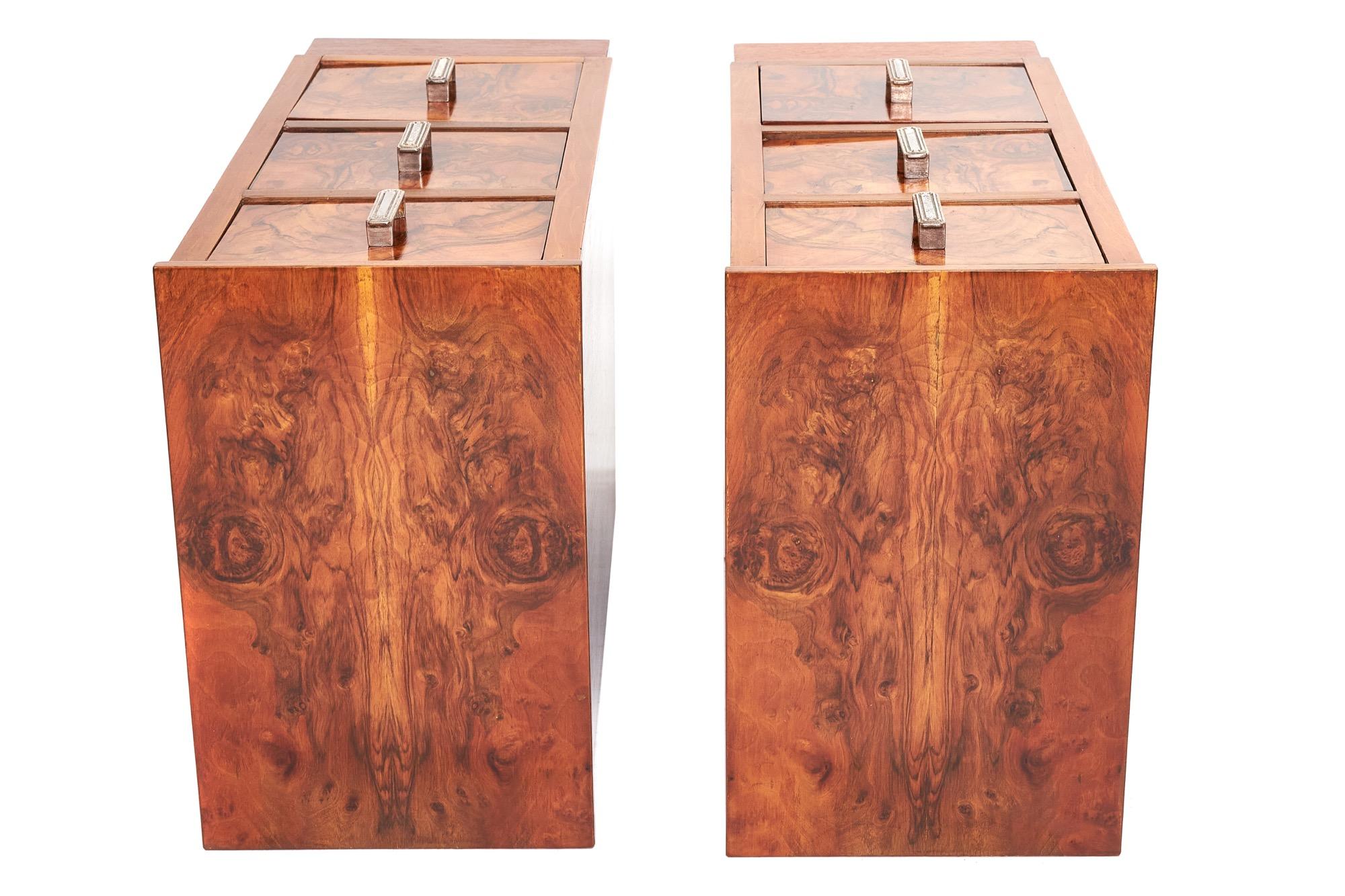 Pair of antique figured burr walnut bedside chests

Pair of antique figured walnut bedside chests having quality burr walnut tops, three burr walnut mahogany lined drawers and having unusual chrome plated handles to the front.

The colour and