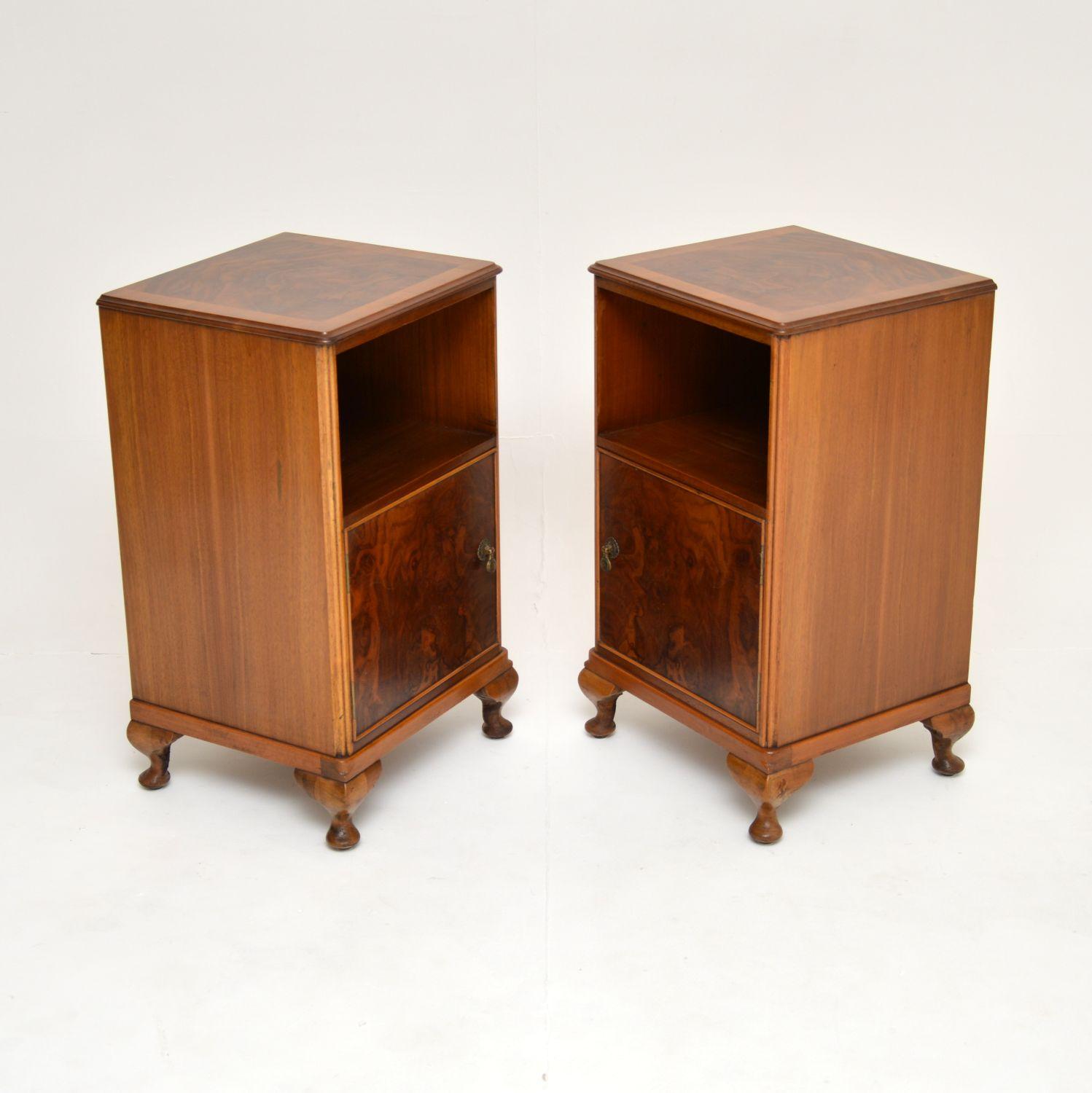Queen Anne Pair of Antique Figured Walnut Bedside Cabinets