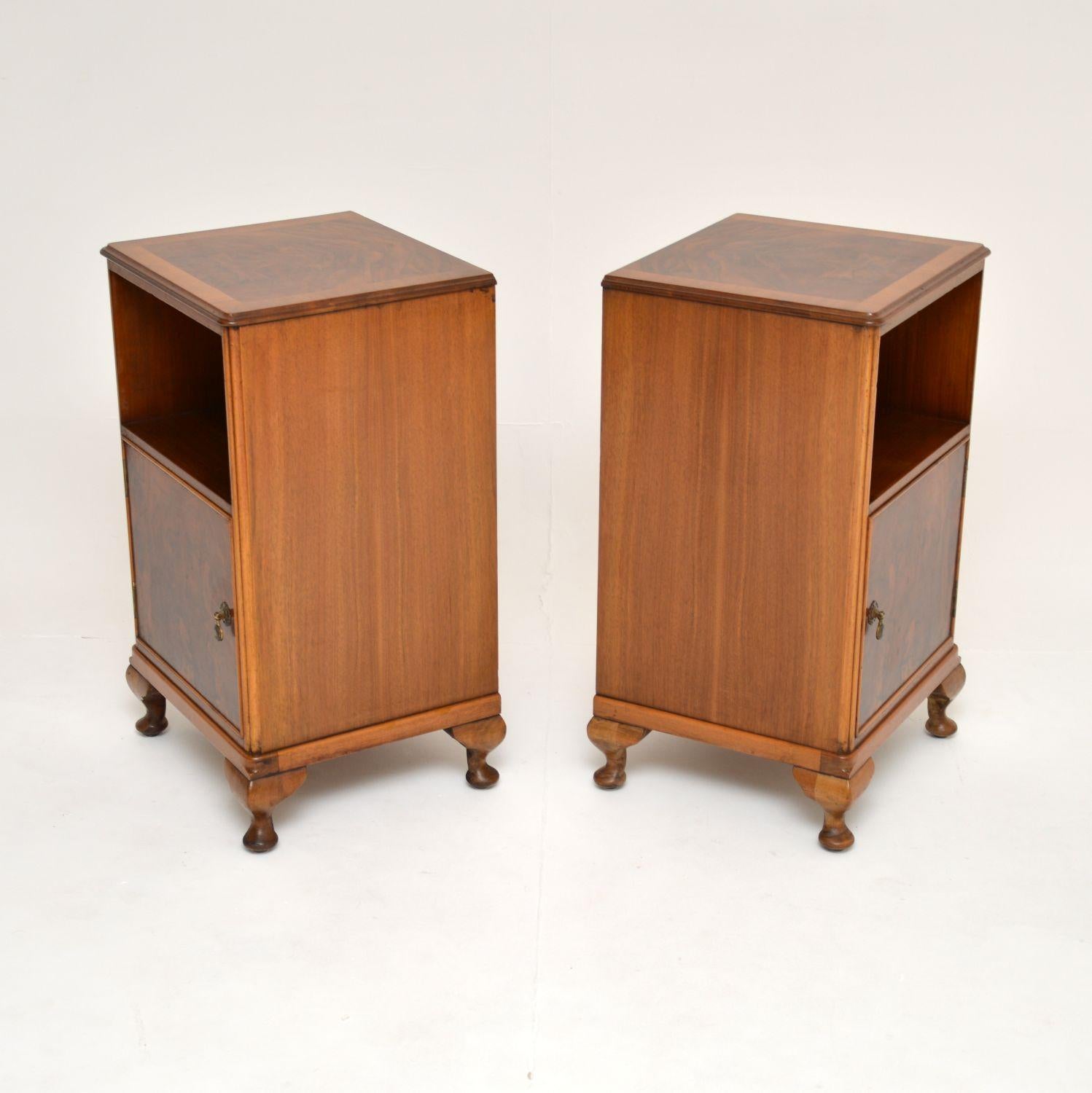 British Pair of Antique Figured Walnut Bedside Cabinets
