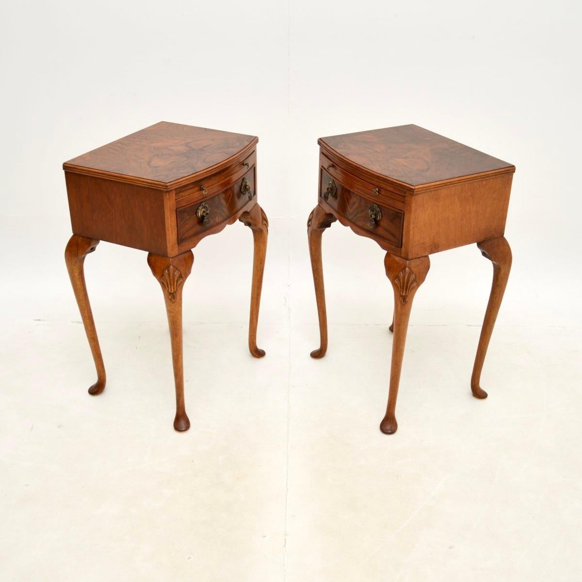 Queen Anne Pair of Antique Figured Walnut Bedside Tables