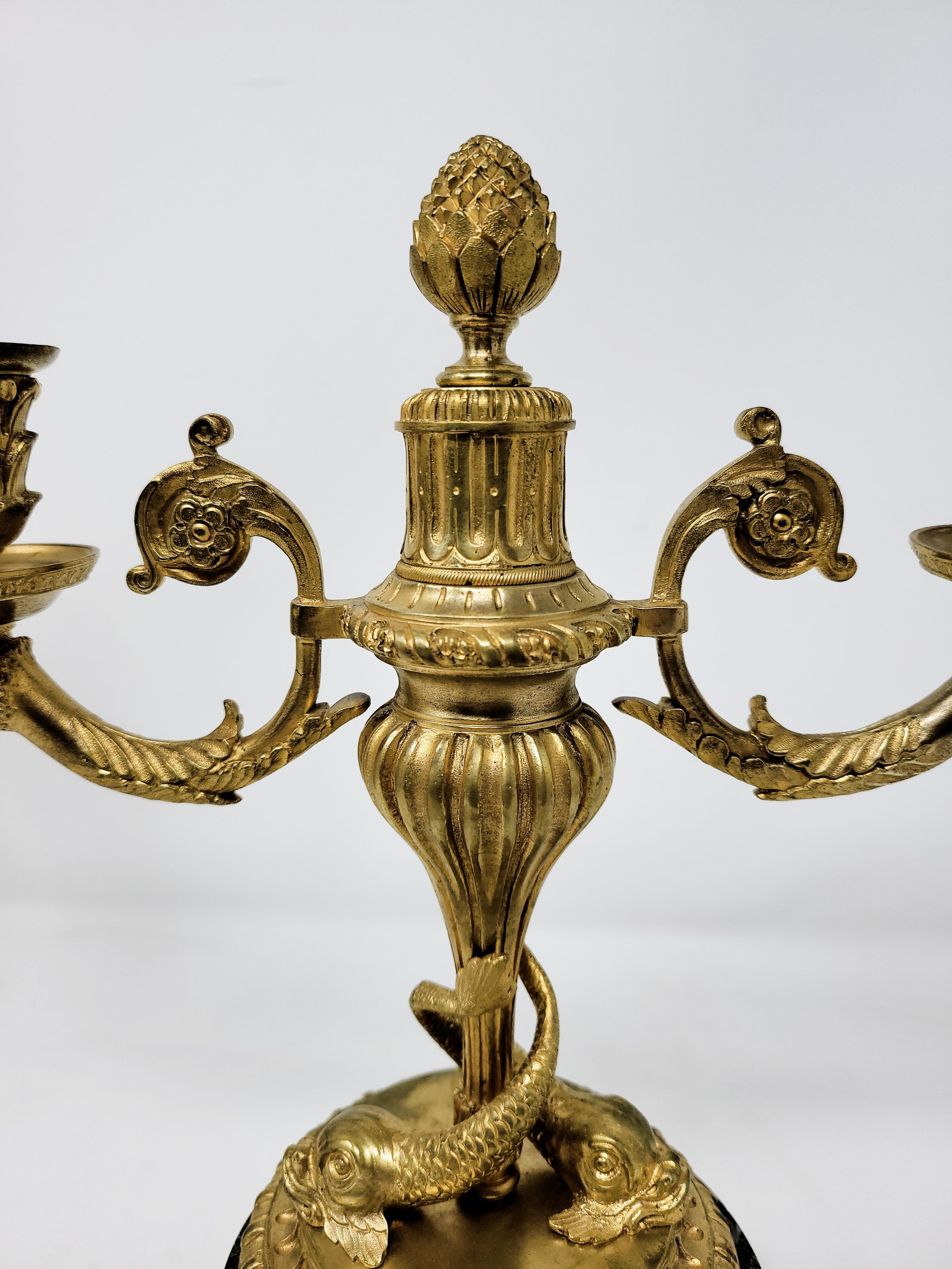 French Pair of Antique Fine Bronze Candelabra on Marble Bases For Sale