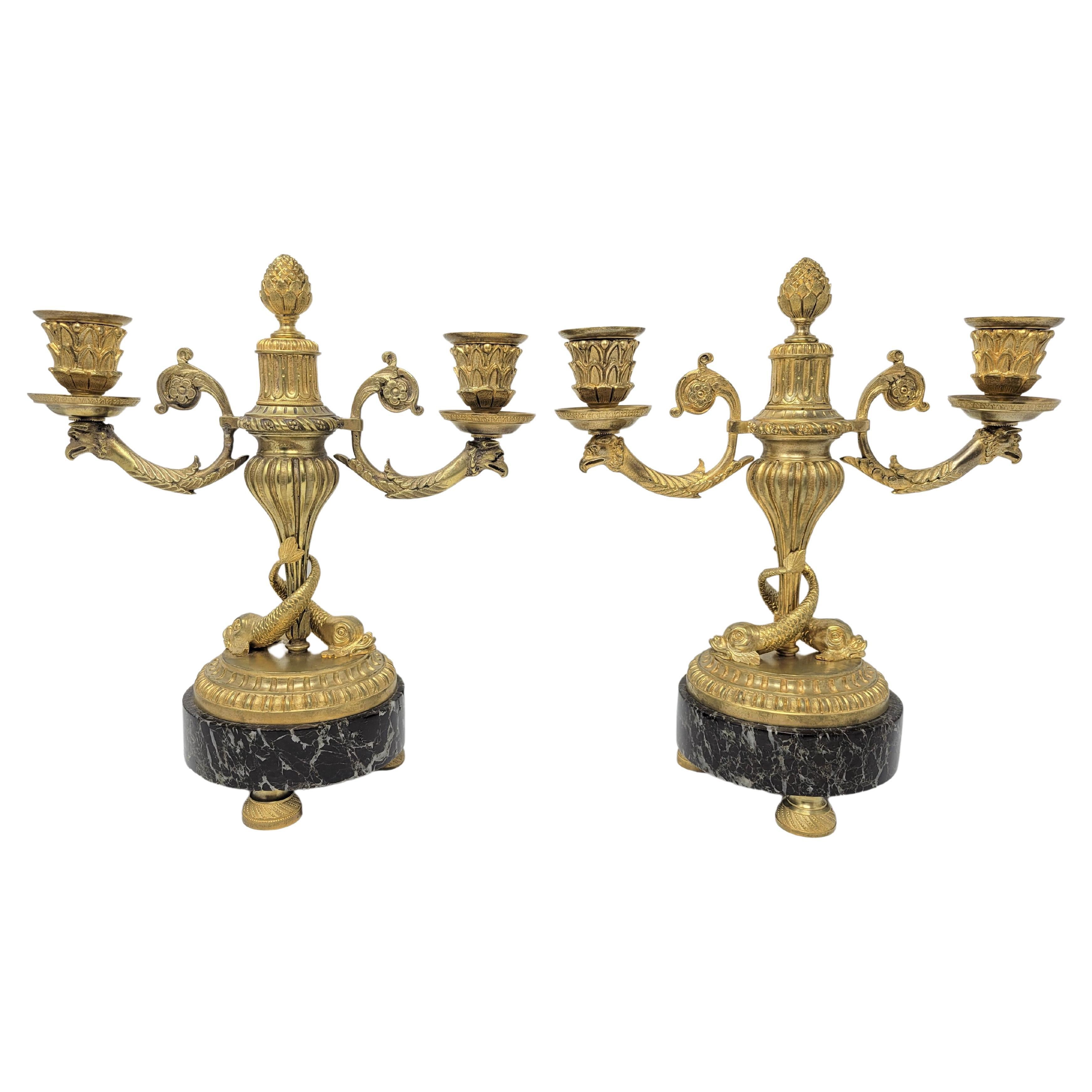 Pair of Antique Fine Bronze Candelabra on Marble Bases For Sale
