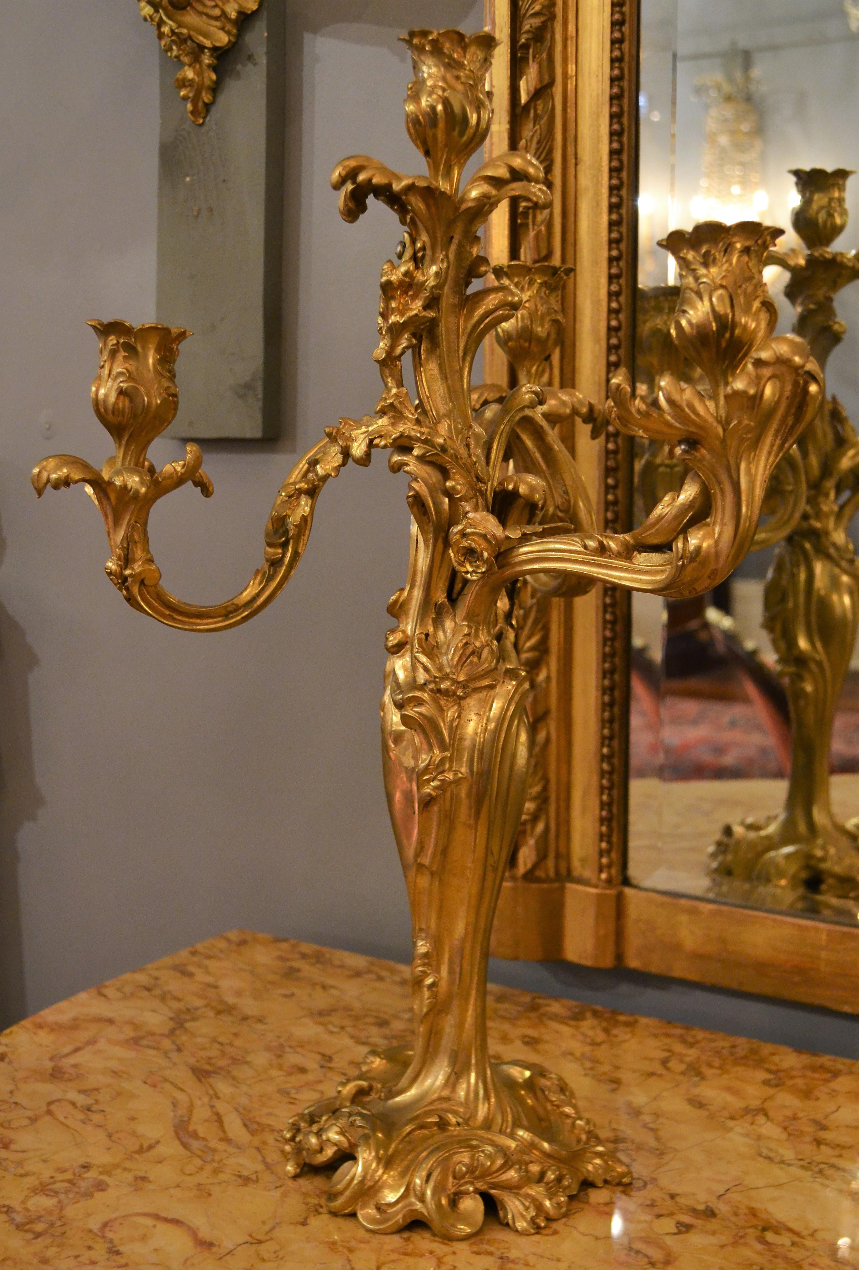 Pair of Antique Finely Cast Bronze D'ore Candelabra For Sale 2