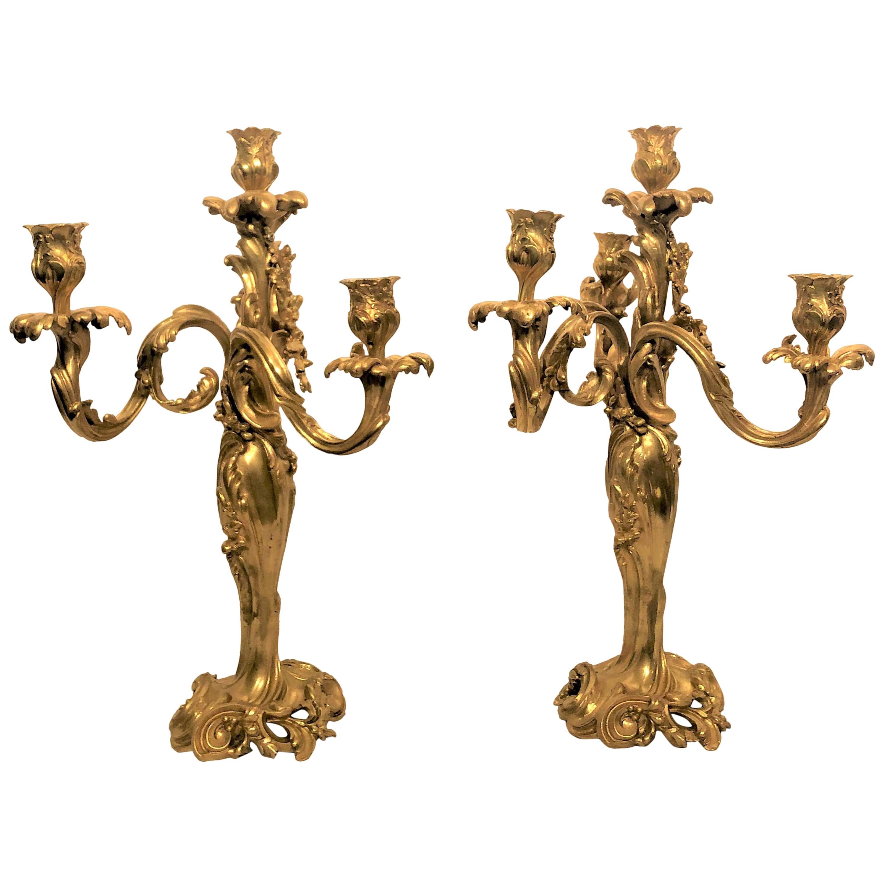 Pair of Antique Finely Cast Bronze D'ore Candelabra For Sale