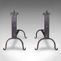 Pair of Antique Fire Dogs, English, Blacksmith Made, Andirons, Gothic, Edwardian