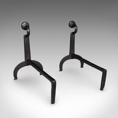 Pair of Antique Fire Dogs, English, Wrought Iron, Fireside Andiron, Victorian