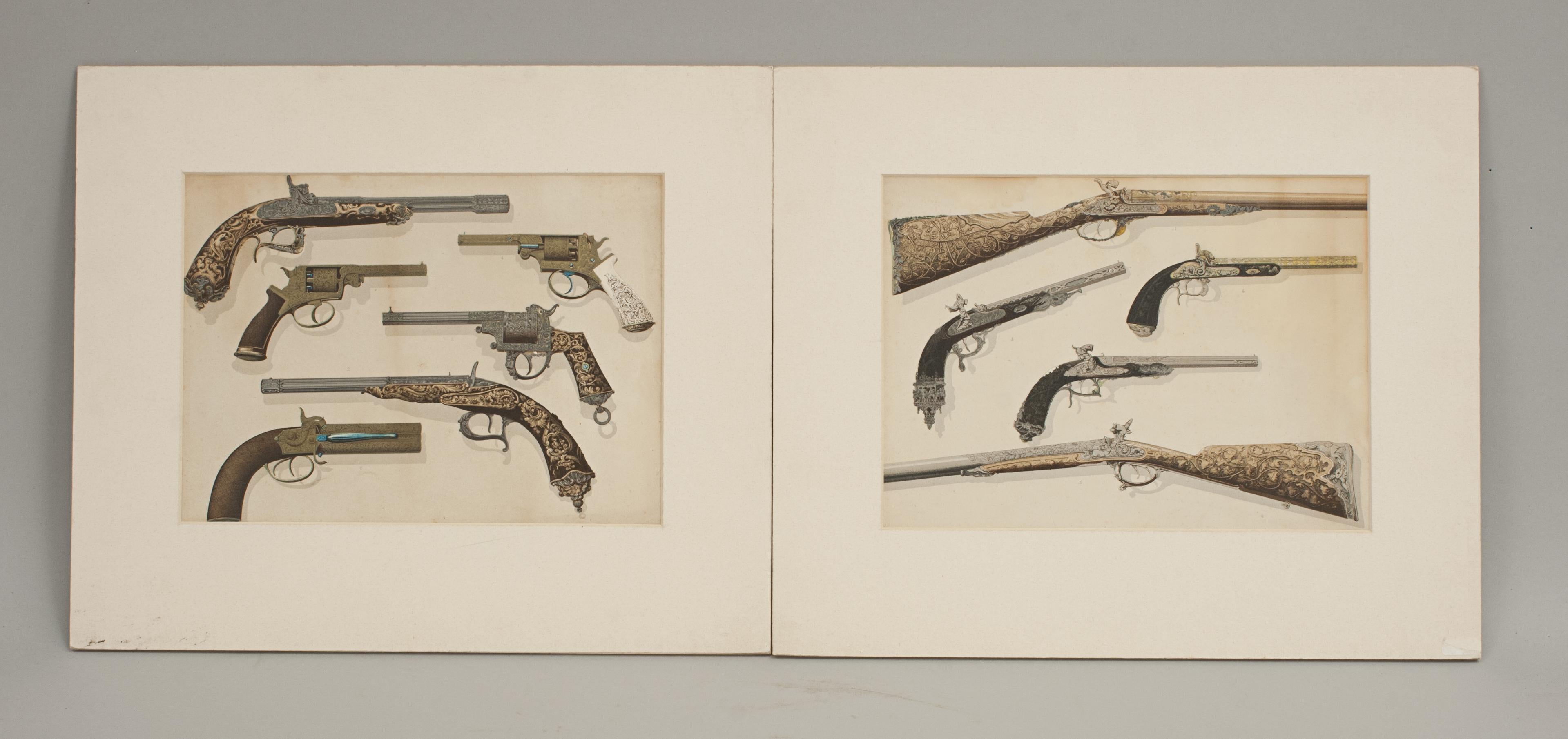 A pair of mounted lithographic prints of very decorative hammer guns pistols and rifles and drum revolvers.
This is a very unusual pair of prints
Late 19th century.