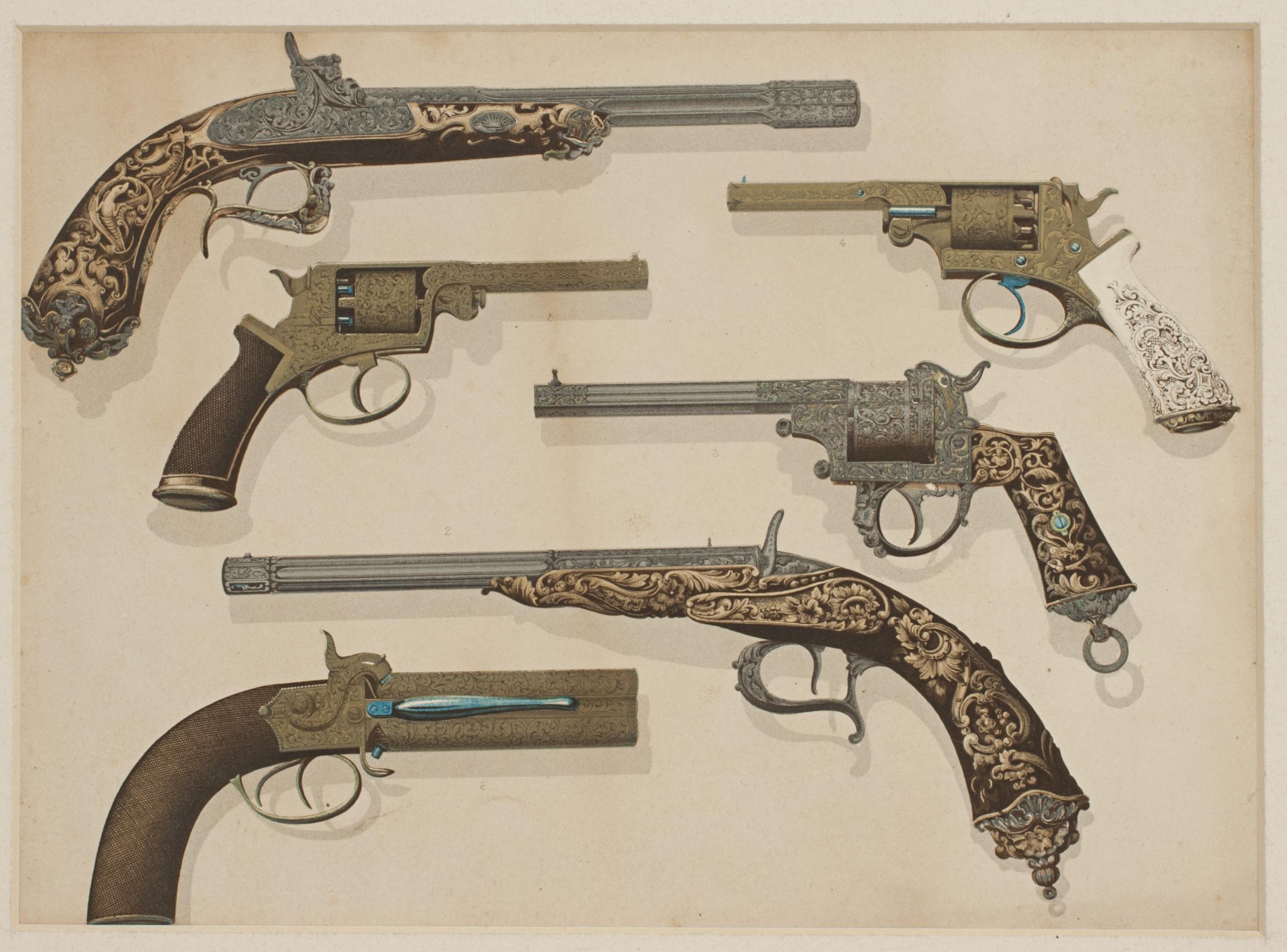 Late 19th Century Pair of Antique Firearms, Guns, Pistols and Revolvers and Rifles Prints