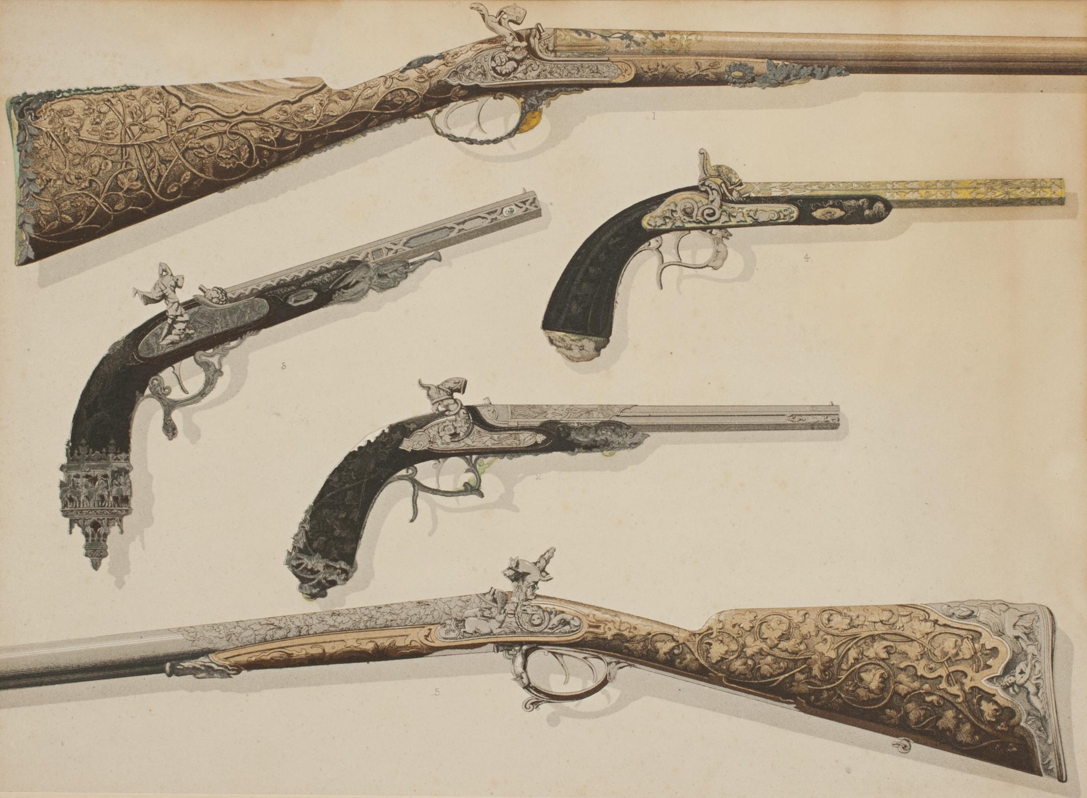 Pair of Antique Firearms, Guns, Pistols and Revolvers and Rifles Prints 1