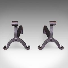 Pair of Antique Firedogs, English, Estate Made Wrought Iron, Andirons, Victorian