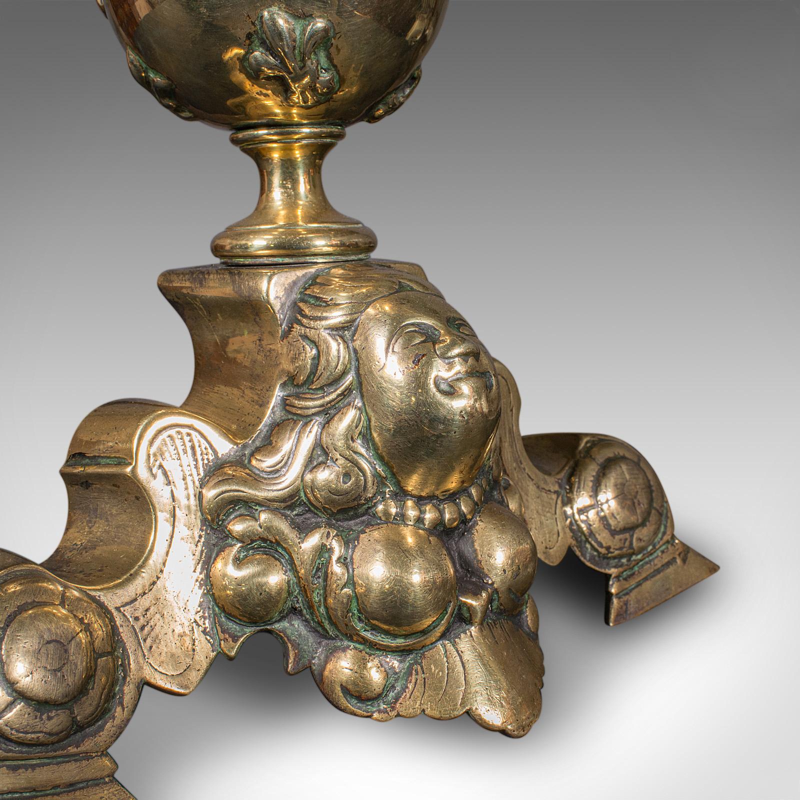 Pair Of Antique Fireside Andirons, French Brass, Chenet, Firedog, Georgian, 1750 For Sale 6