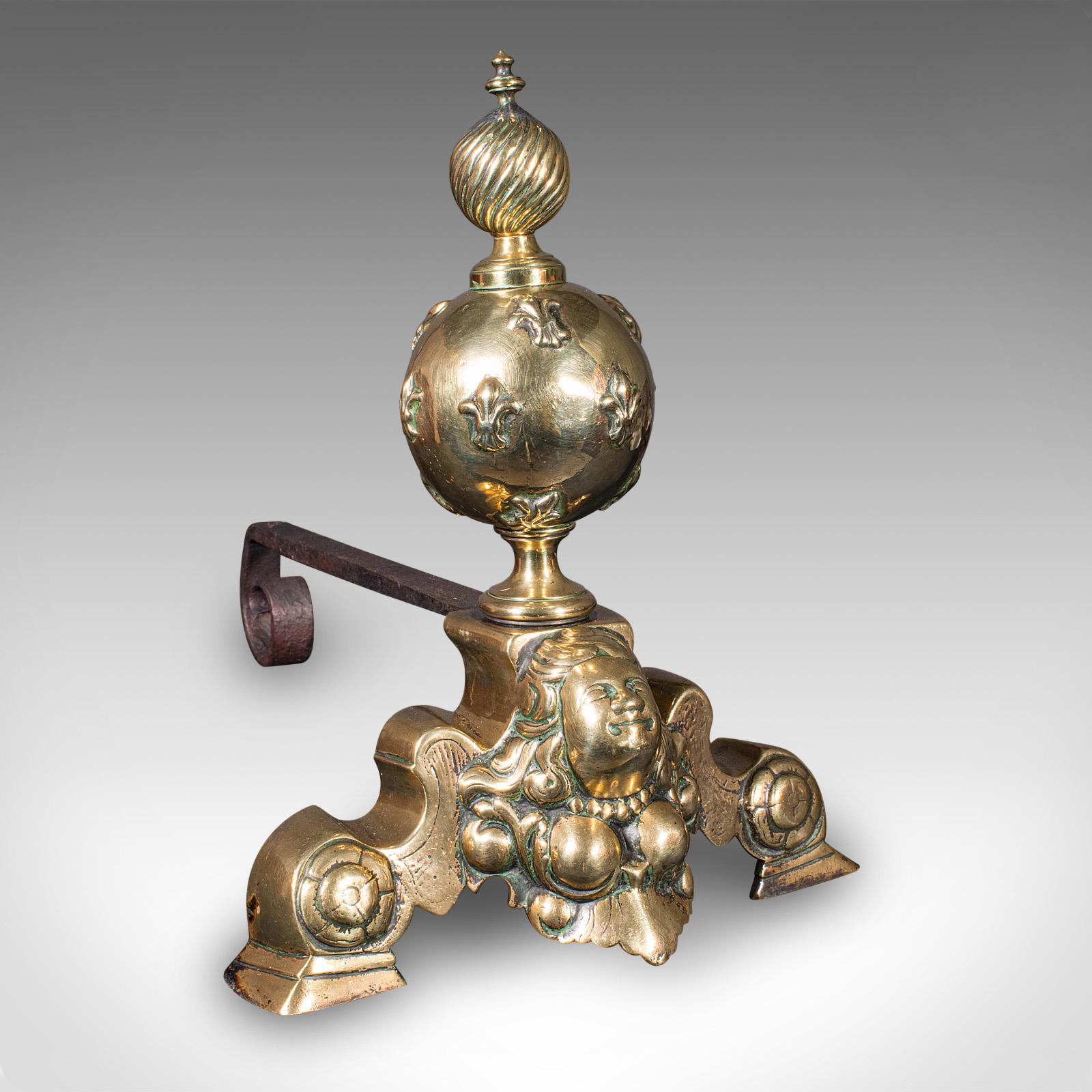 Pair Of Antique Fireside Andirons, French Brass, Chenet, Firedog, Georgian, 1750 In Good Condition For Sale In Hele, Devon, GB