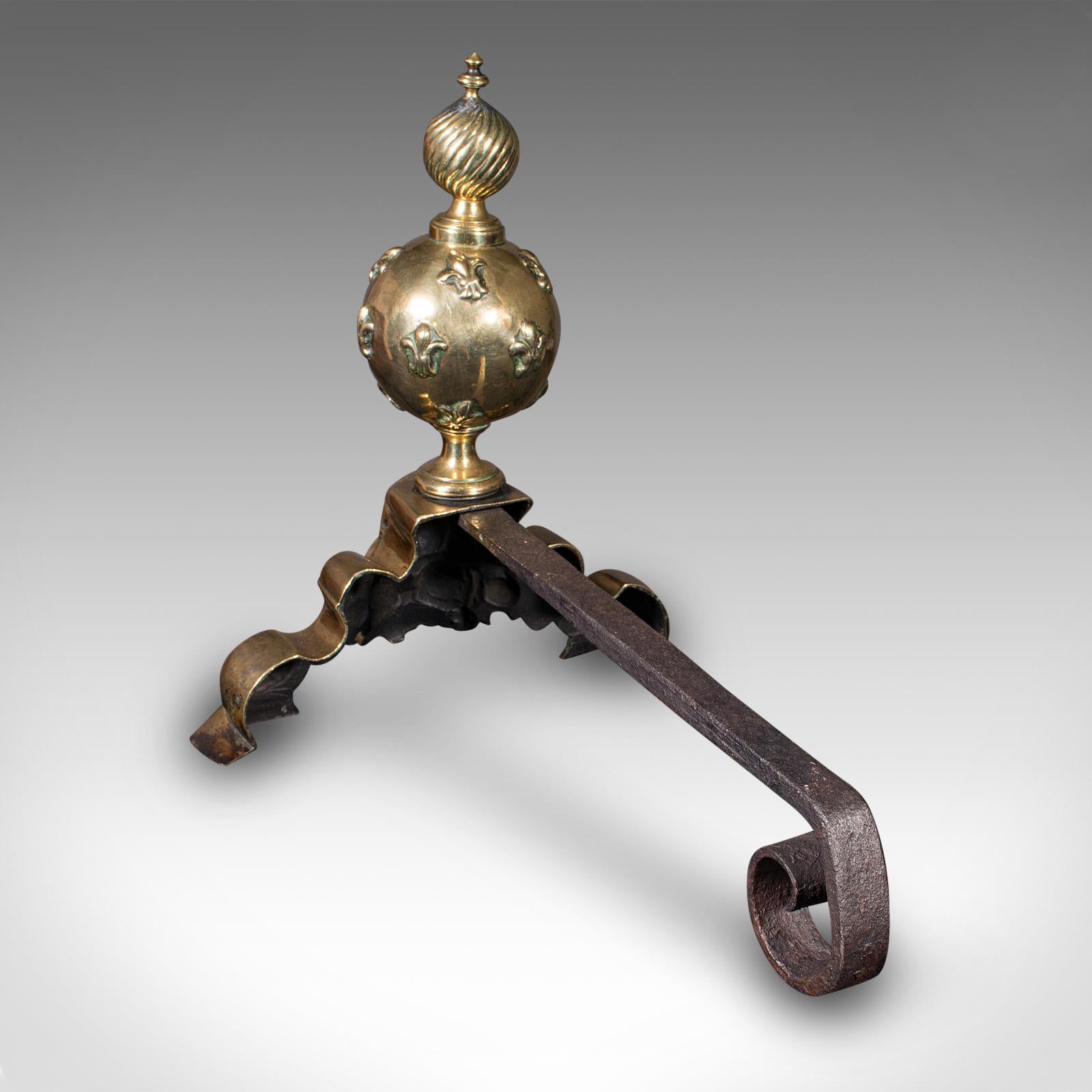 18th Century Pair Of Antique Fireside Andirons, French Brass, Chenet, Firedog, Georgian, 1750 For Sale