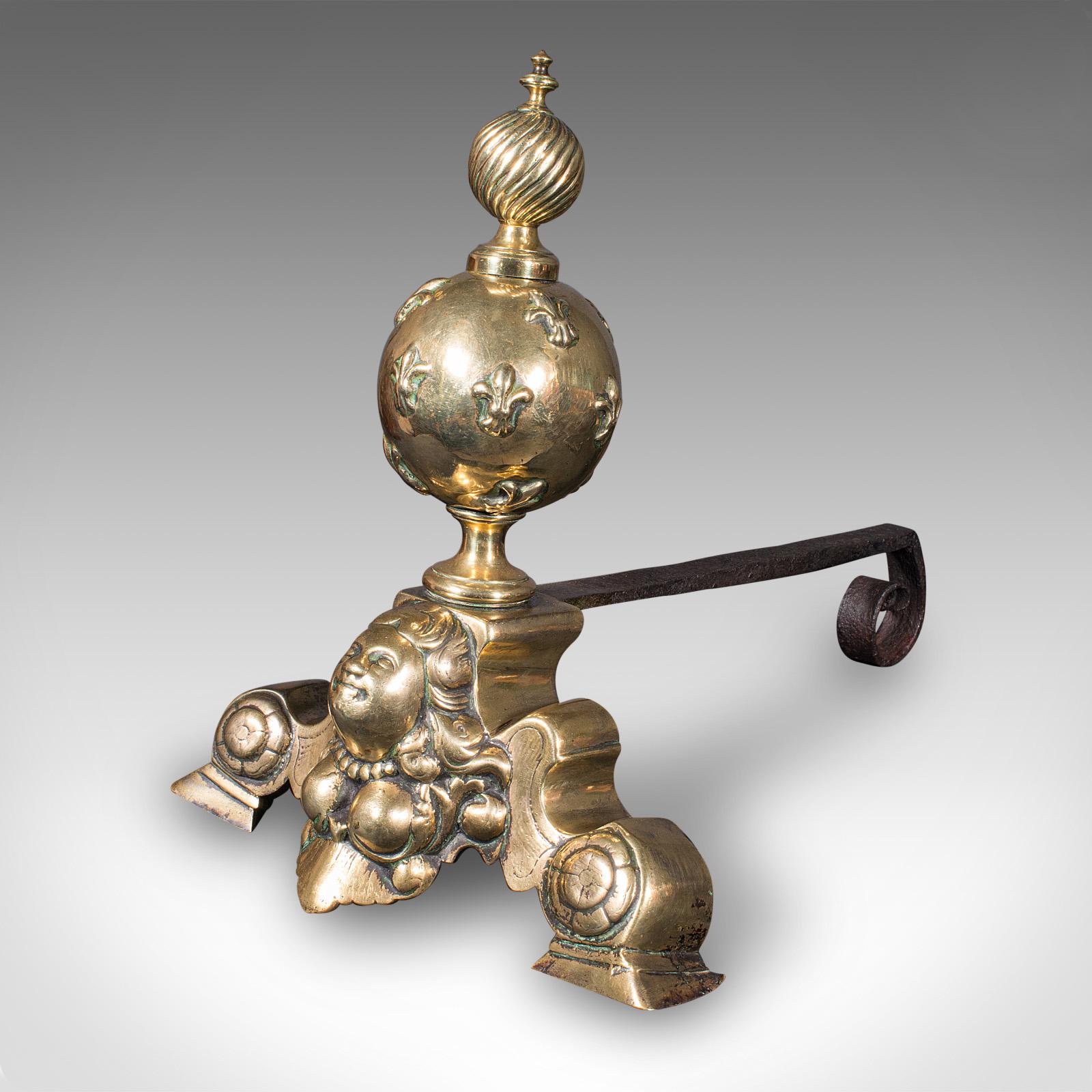Pair Of Antique Fireside Andirons, French Brass, Chenet, Firedog, Georgian, 1750 For Sale 1