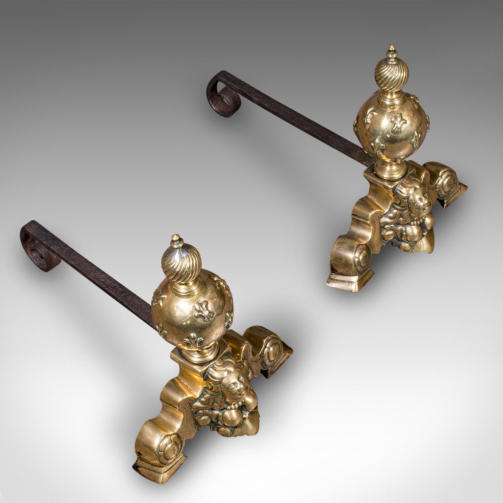 Pair Of Antique Fireside Andirons, French Brass, Chenet, Firedog, Georgian, 1750 For Sale 4