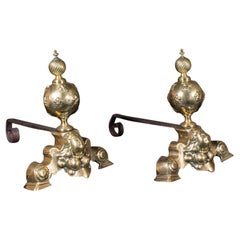 Coppia di antichi candelabri da caminetto, ottone francese, Chenet, Firedog, georgiano, 1750
