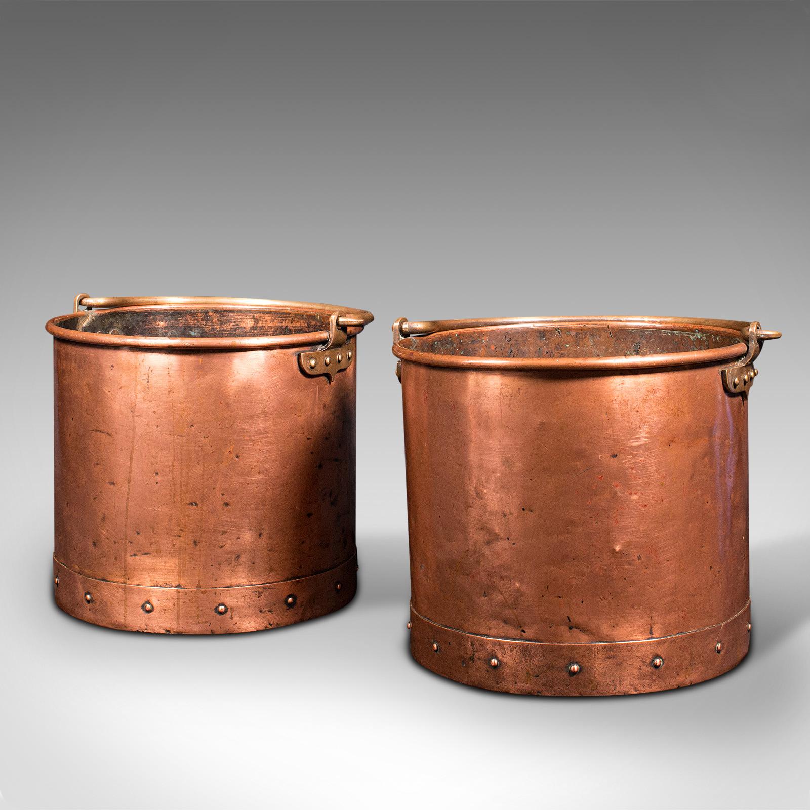 British Pair of Antique Fireside Bins, English, Copper, Coal, Fire Bucket, Victorian
