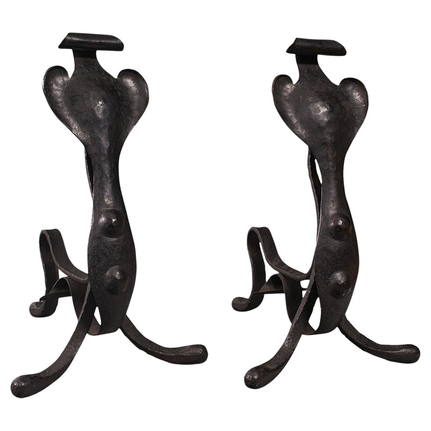 Pair of Antique Fireside Tool Rests, English, Fire Dog, Art Nouveau, Victorian For Sale